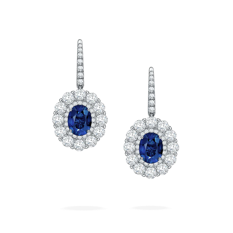 1735 Double Cluster Sapphire Drop Earrings | In Platinum with Diamonds
