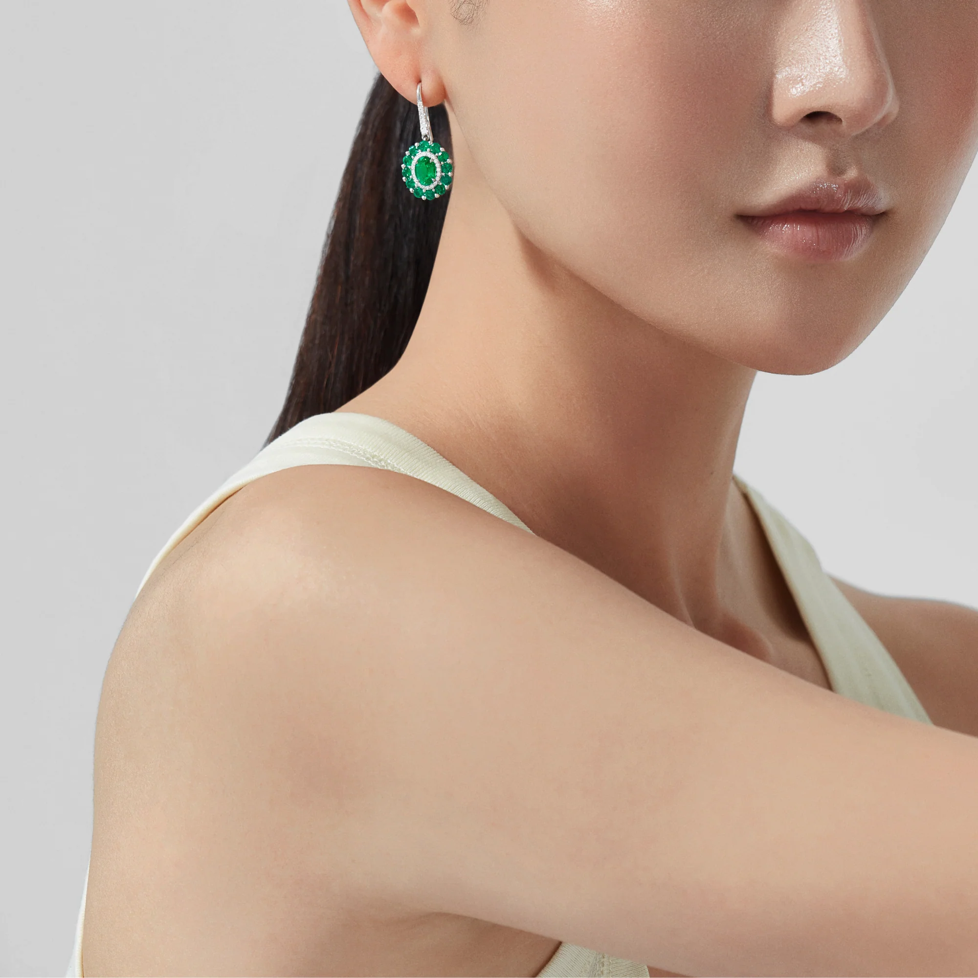 1735 Double Colour Cluster Emerald Drop Earrings | In Platinum with Diamonds - Image 2