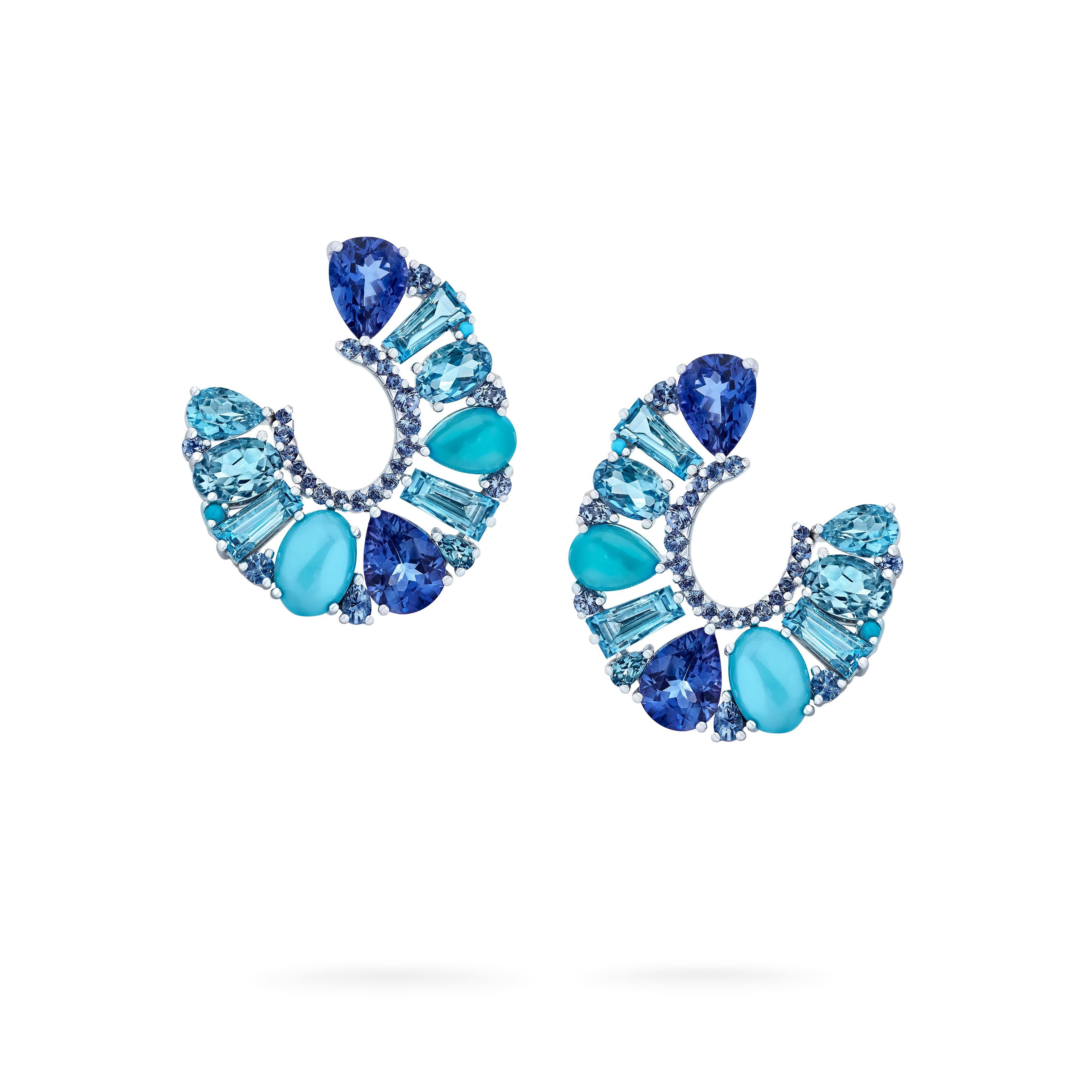 Blaze Blue Sapphire, Tanzanite, Aquamarine, Blue Topaz And Turquoise Hoop Earrings | In 18ct White Gold