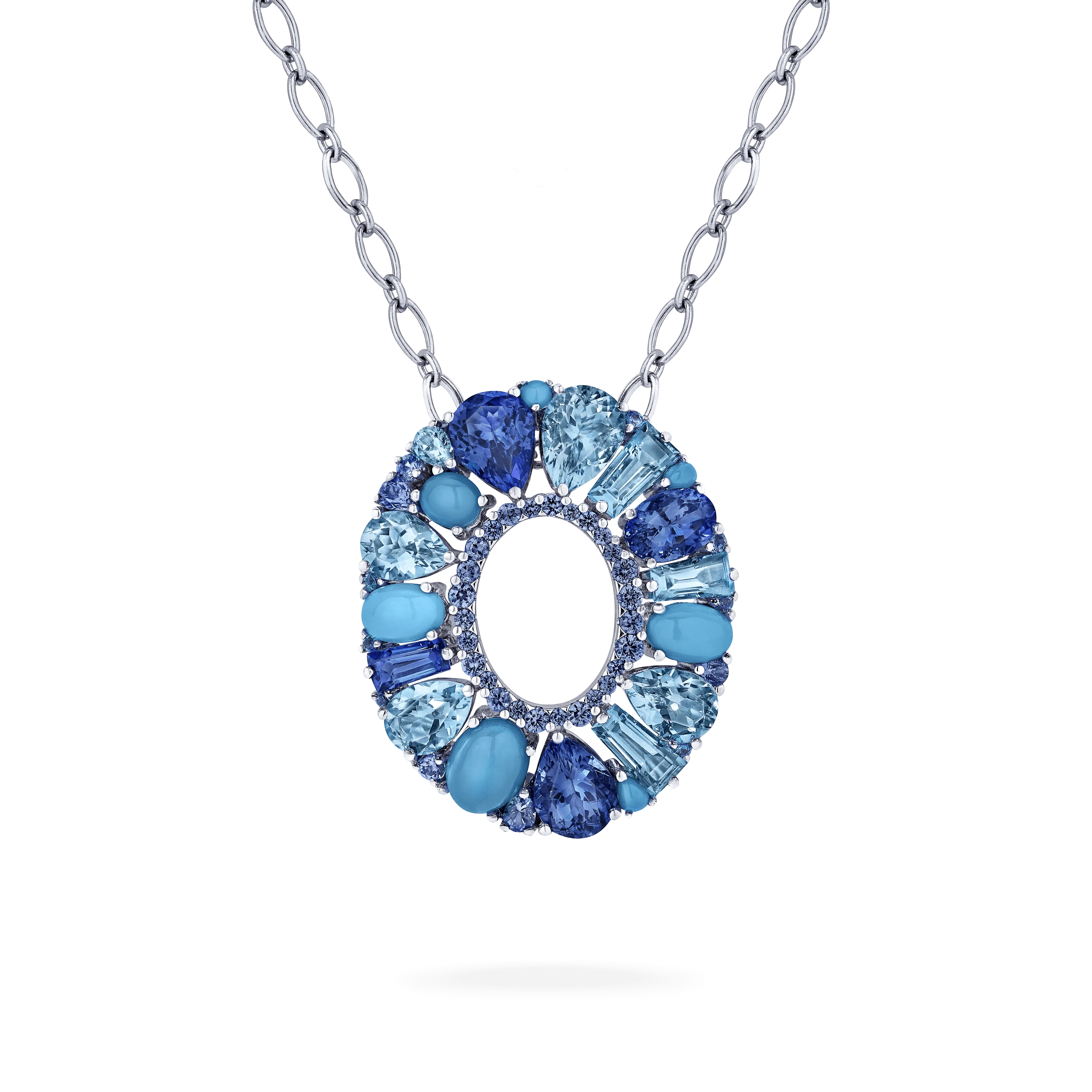 Blaze Blue Sapphire, Tanzanite, Aquamarine, Blue Topaz And Turquoise Pendant | In 18ct White Gold