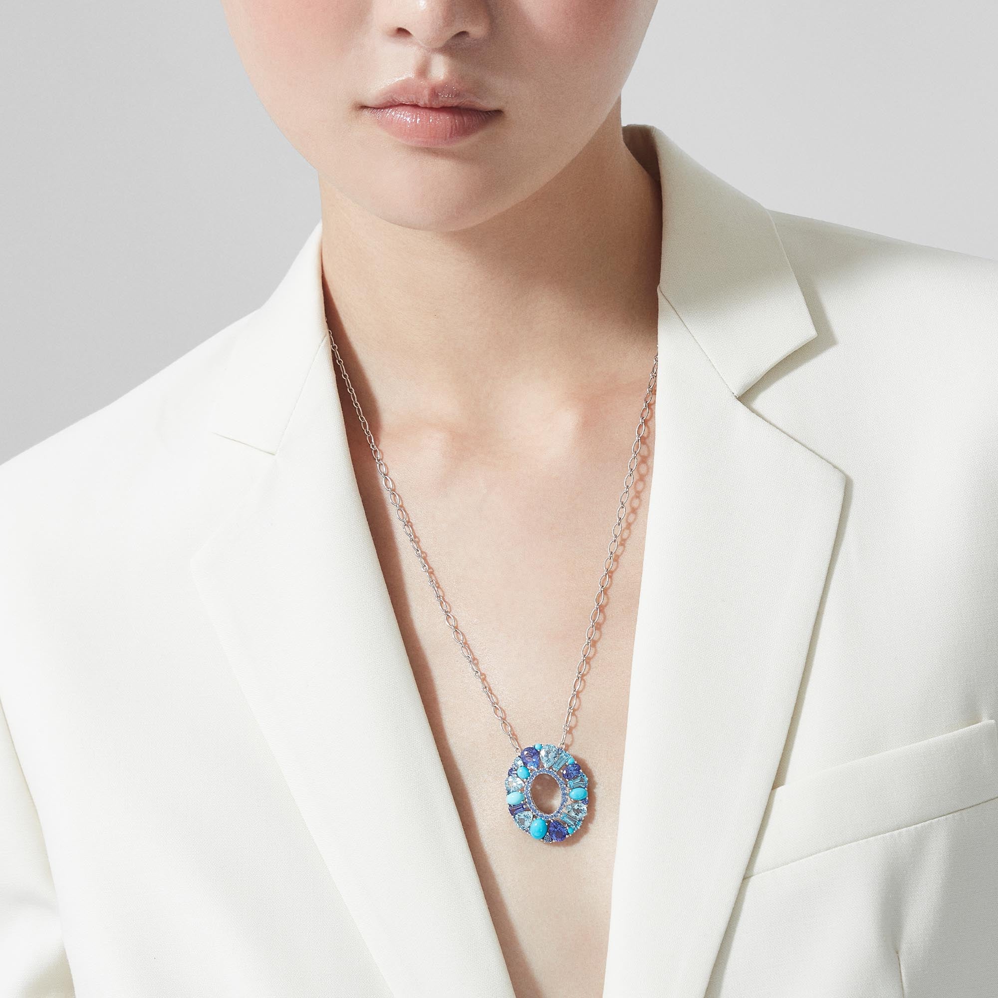 Blaze Blue Sapphire, Tanzanite, Aquamarine, Blue Topaz And Turquoise Pendant | In 18ct White Gold - Image 2