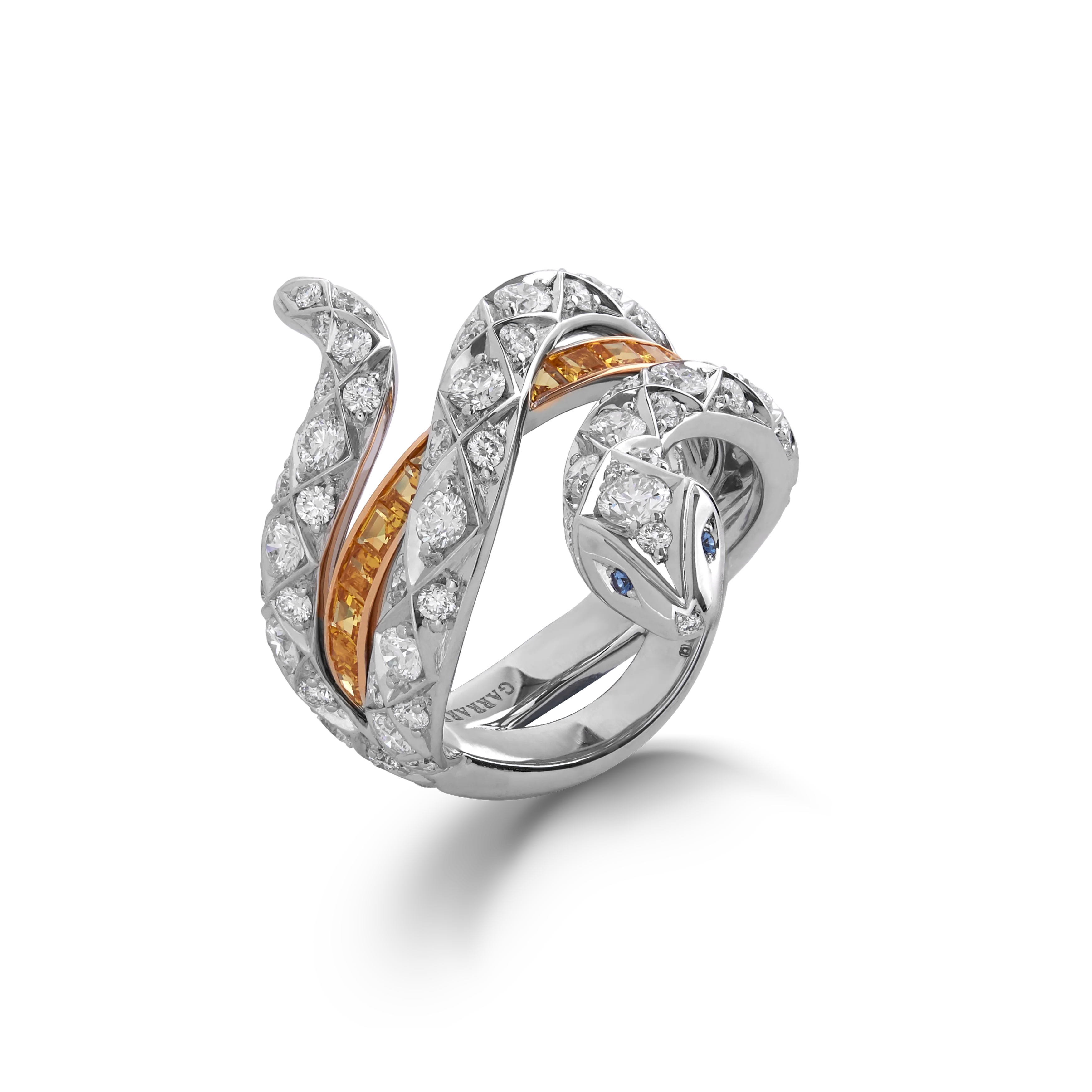 Enchanted Palace Serpent Yellow Sapphire and Diamond Ring | In 18ct White and Yellow Gold with Blue Sapphires