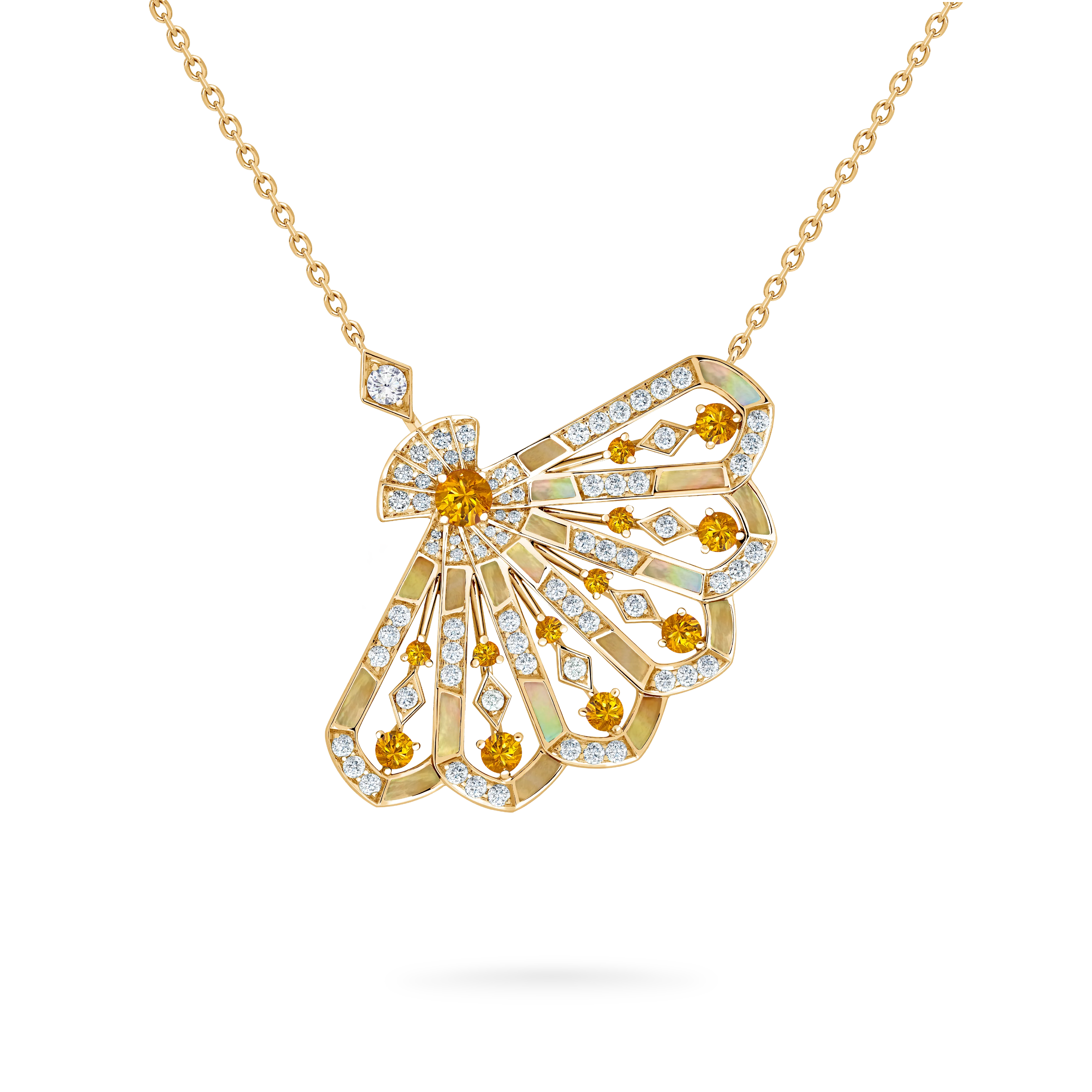Fanfare Symphony Diamond and Orange Sapphire Pendant | In 18ct Yellow Gold with Golden Mother of Pearl