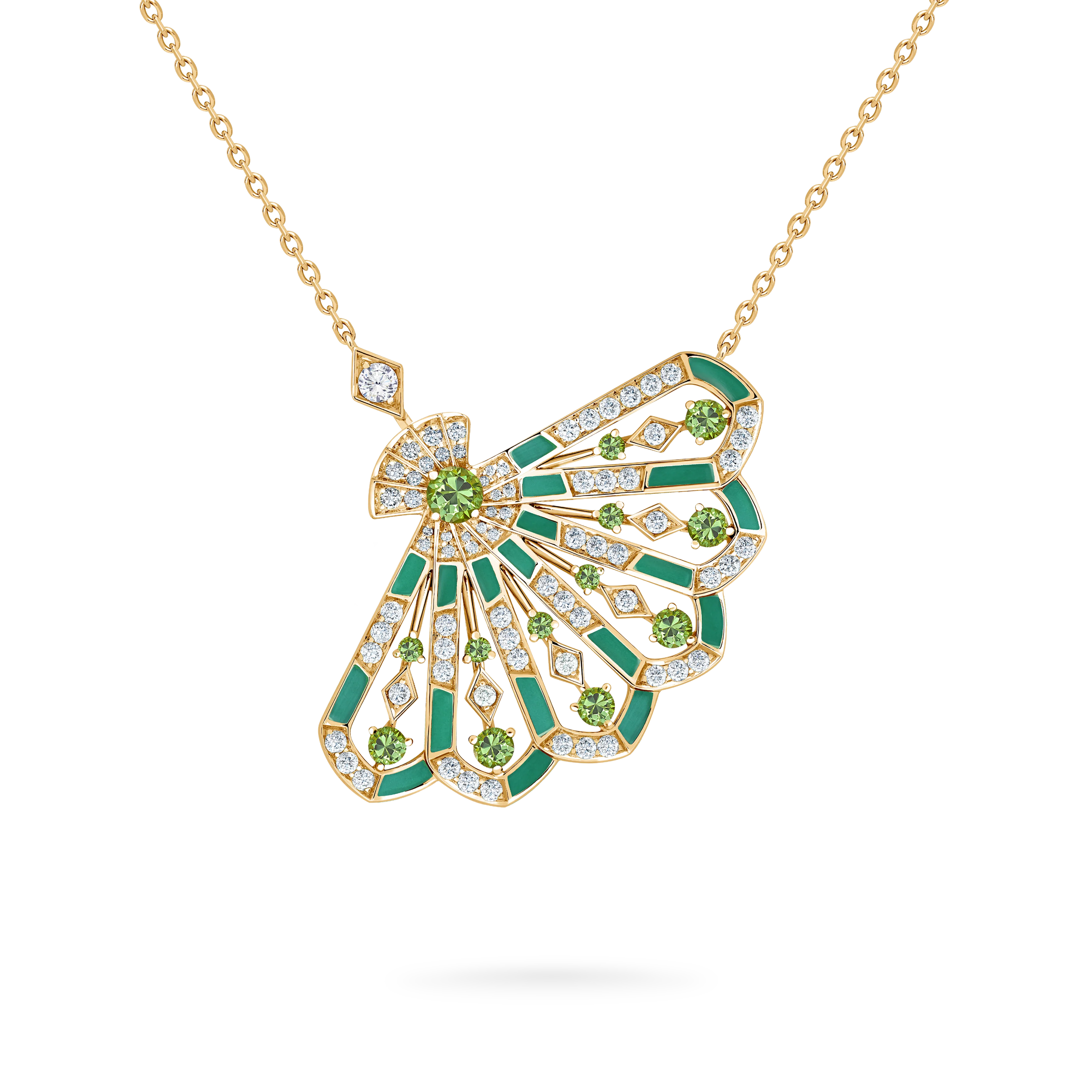 Fanfare Symphony Diamond and Tsavorite Pendant | In 18ct Yellow Gold with Apple Malachite