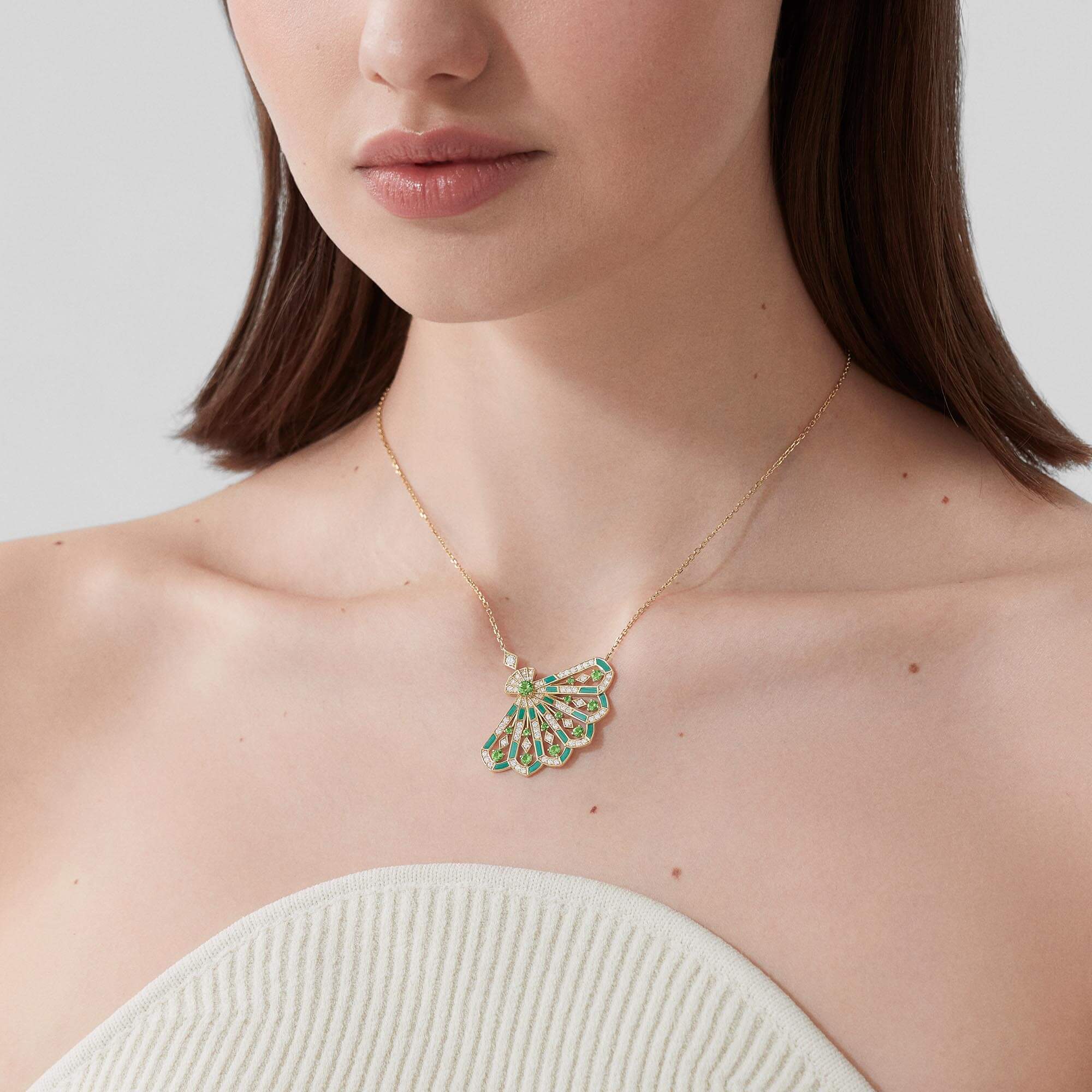 Fanfare Symphony Diamond and Tsavorite Pendant | In 18ct Yellow Gold with Apple Malachite - Image 2