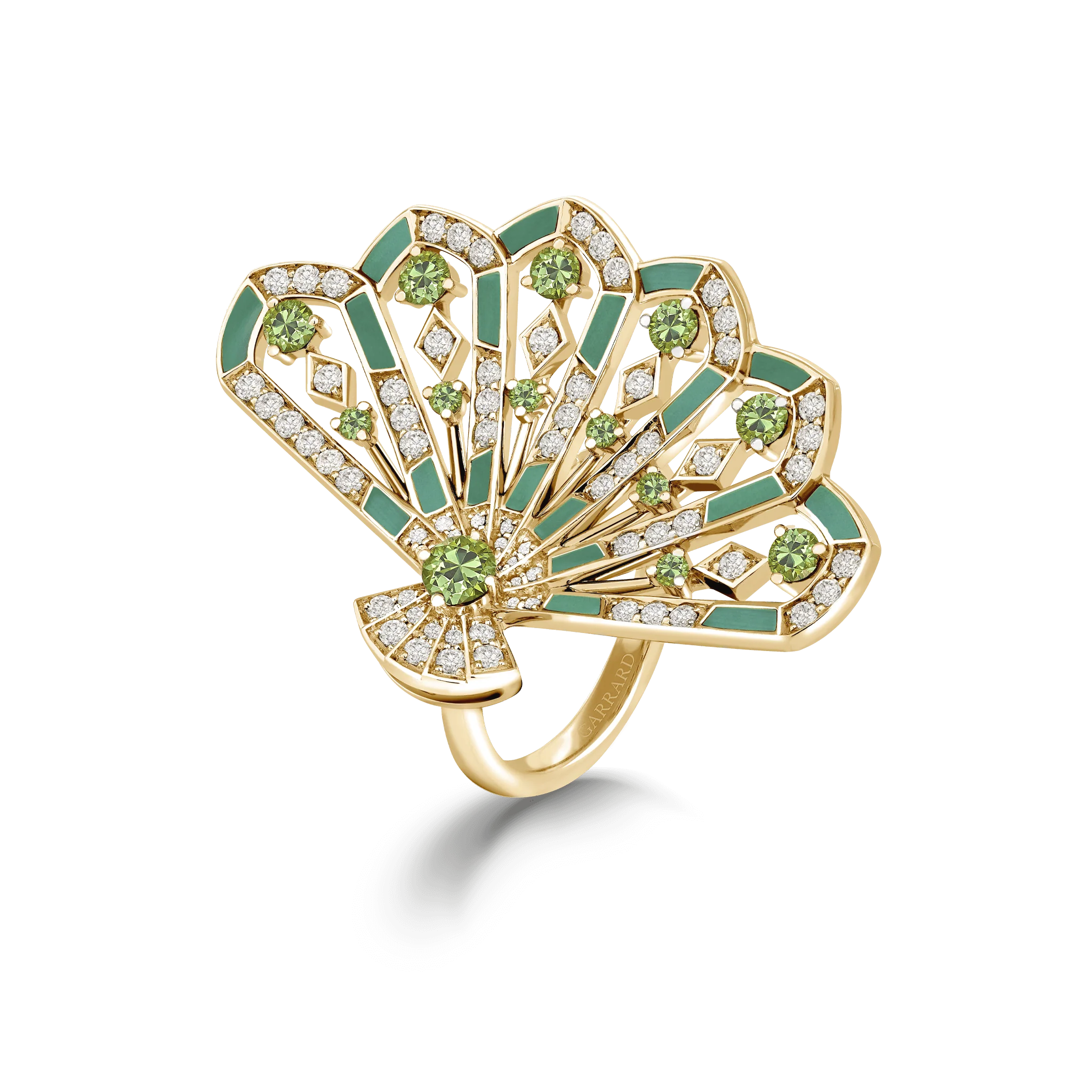 Fanfare Symphony Diamond and Tsavorite Ring | In 18ct Yellow Gold with Apple Malachite