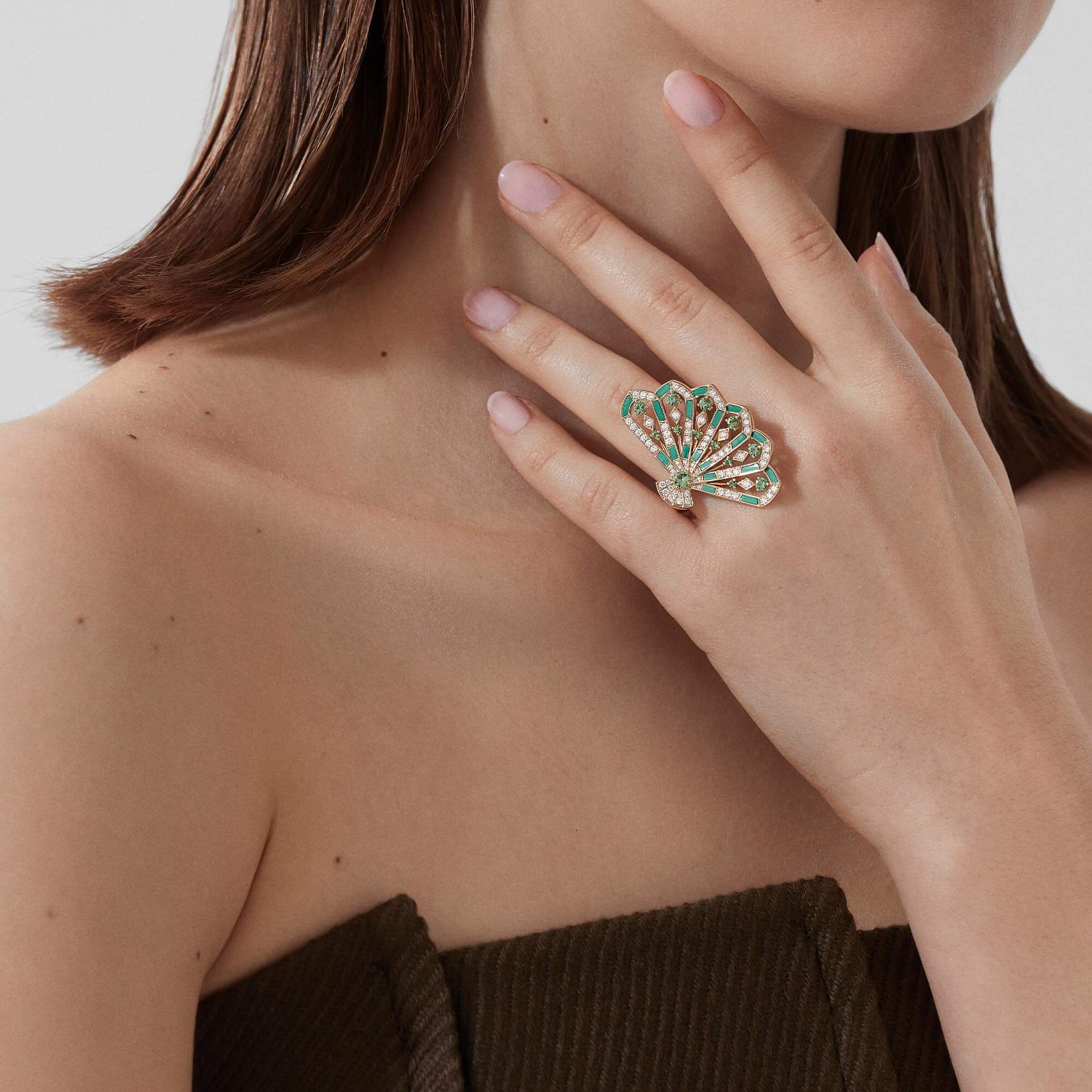 Fanfare Symphony Diamond and Tsavorite Ring | In 18ct Yellow Gold with Apple Malachite - Image 2