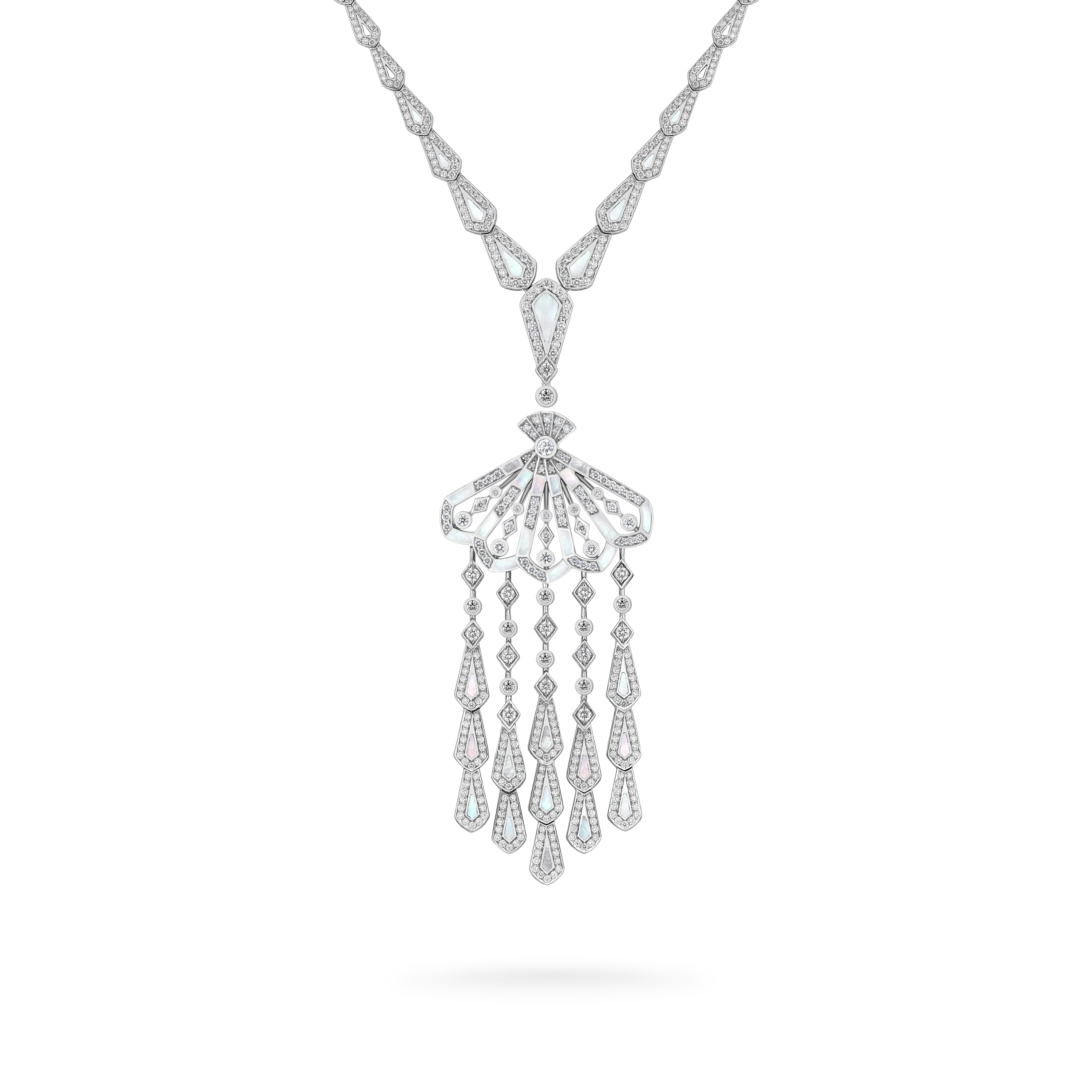 Fanfare Symphony Diamond and White Mother of Pearl Cascade Pendant | In 18ct White Gold