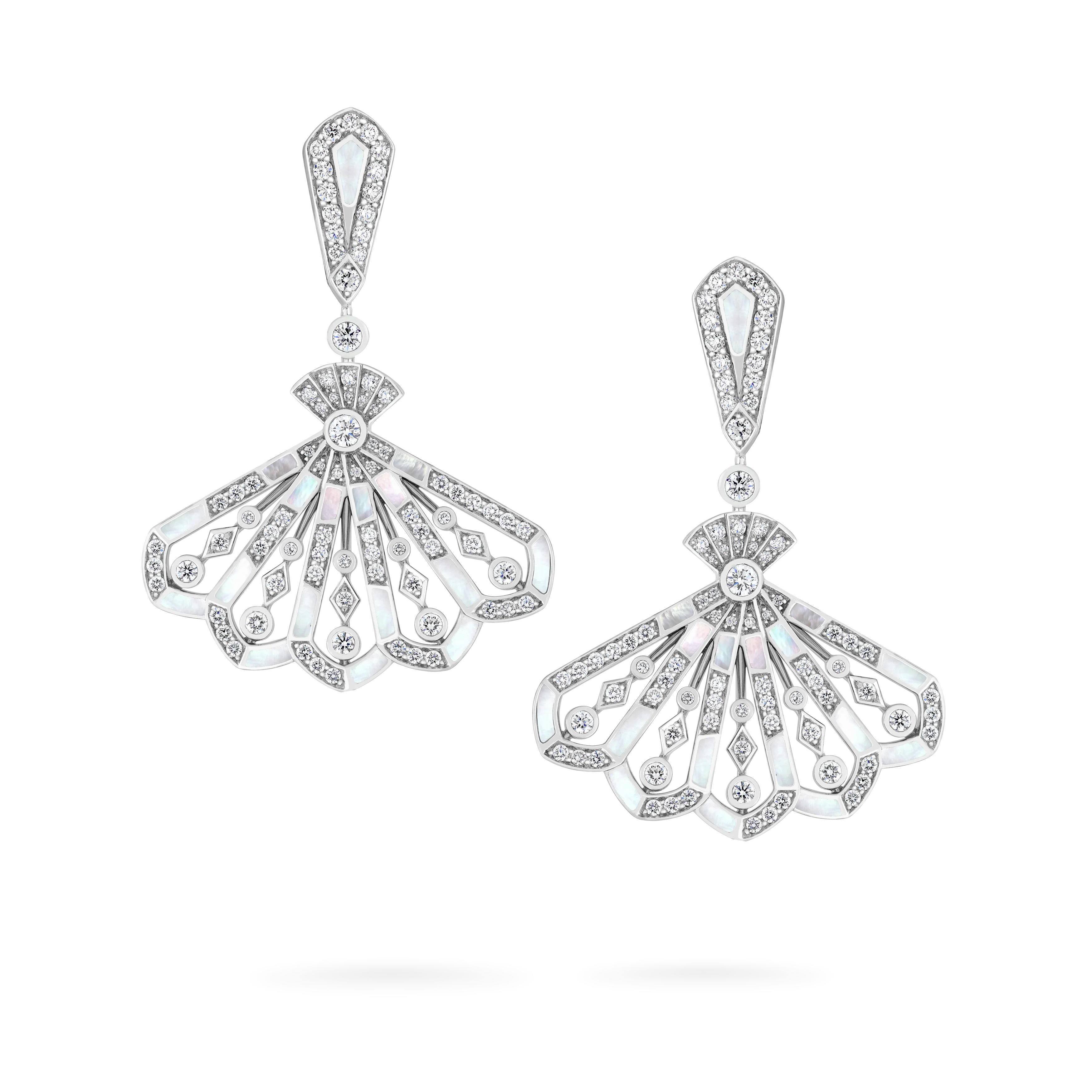 Fanfare Symphony Diamond and White Mother of Pearl Drop Earrings | In 18ct White Gold