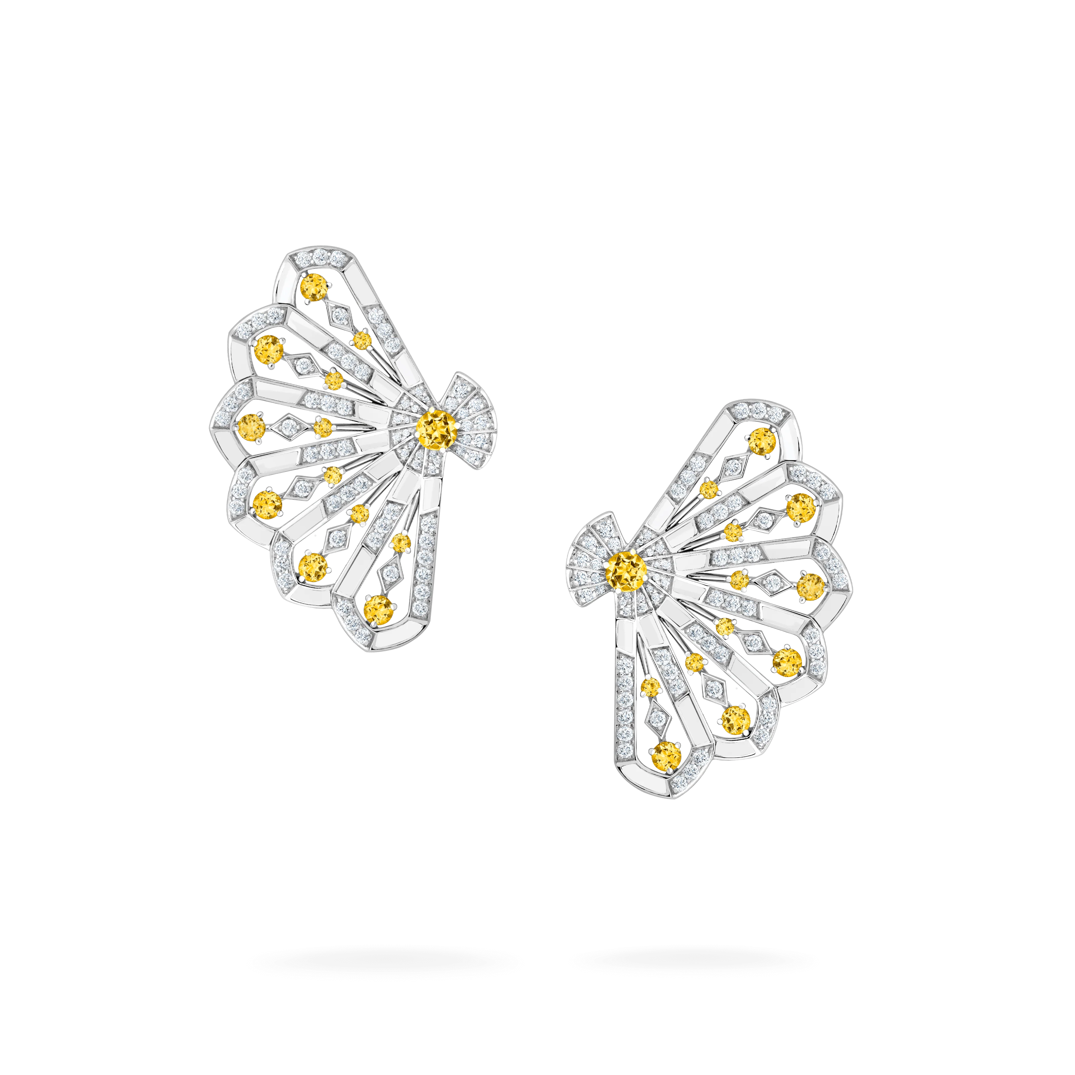 Fanfare Symphony Diamond and Yellow Sapphire Earrings | In 18ct White Gold with White Agate