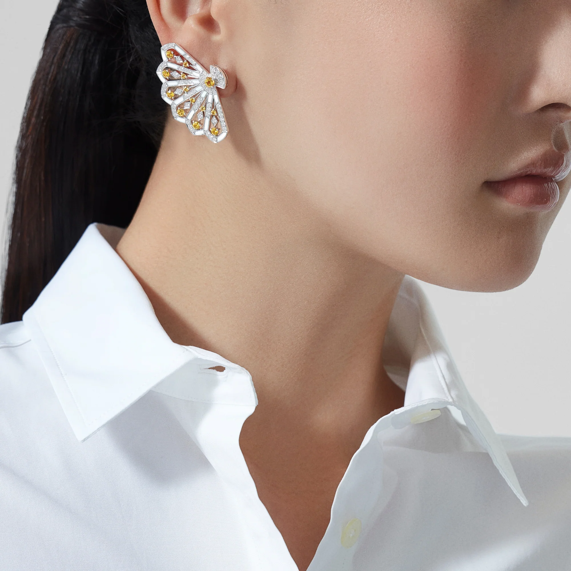 Fanfare Symphony Diamond and Yellow Sapphire Earrings | In 18ct White Gold with White Agate - Image 2