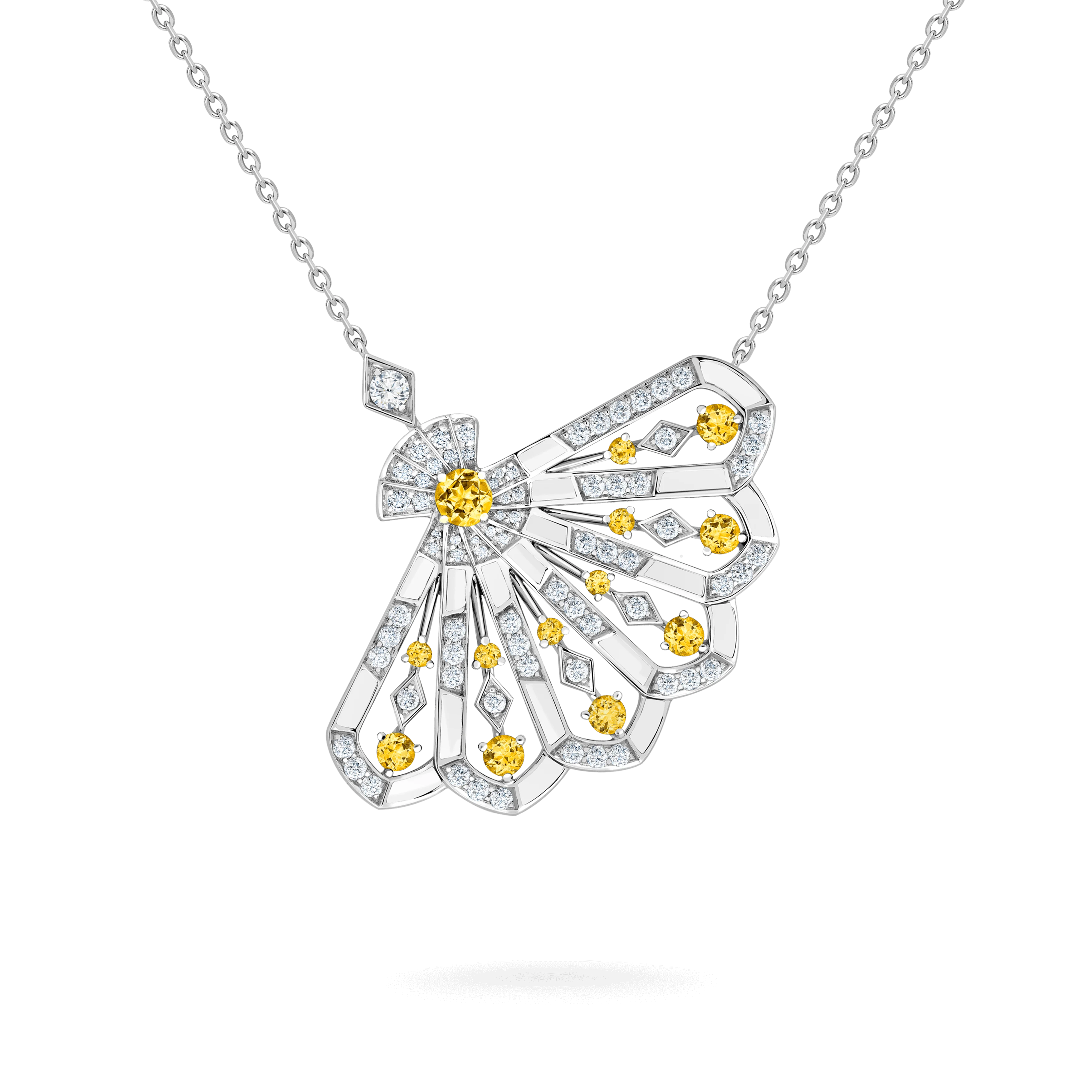 Fanfare Symphony Diamond and Yellow Sapphire Pendant | In 18ct White Gold with White Agate