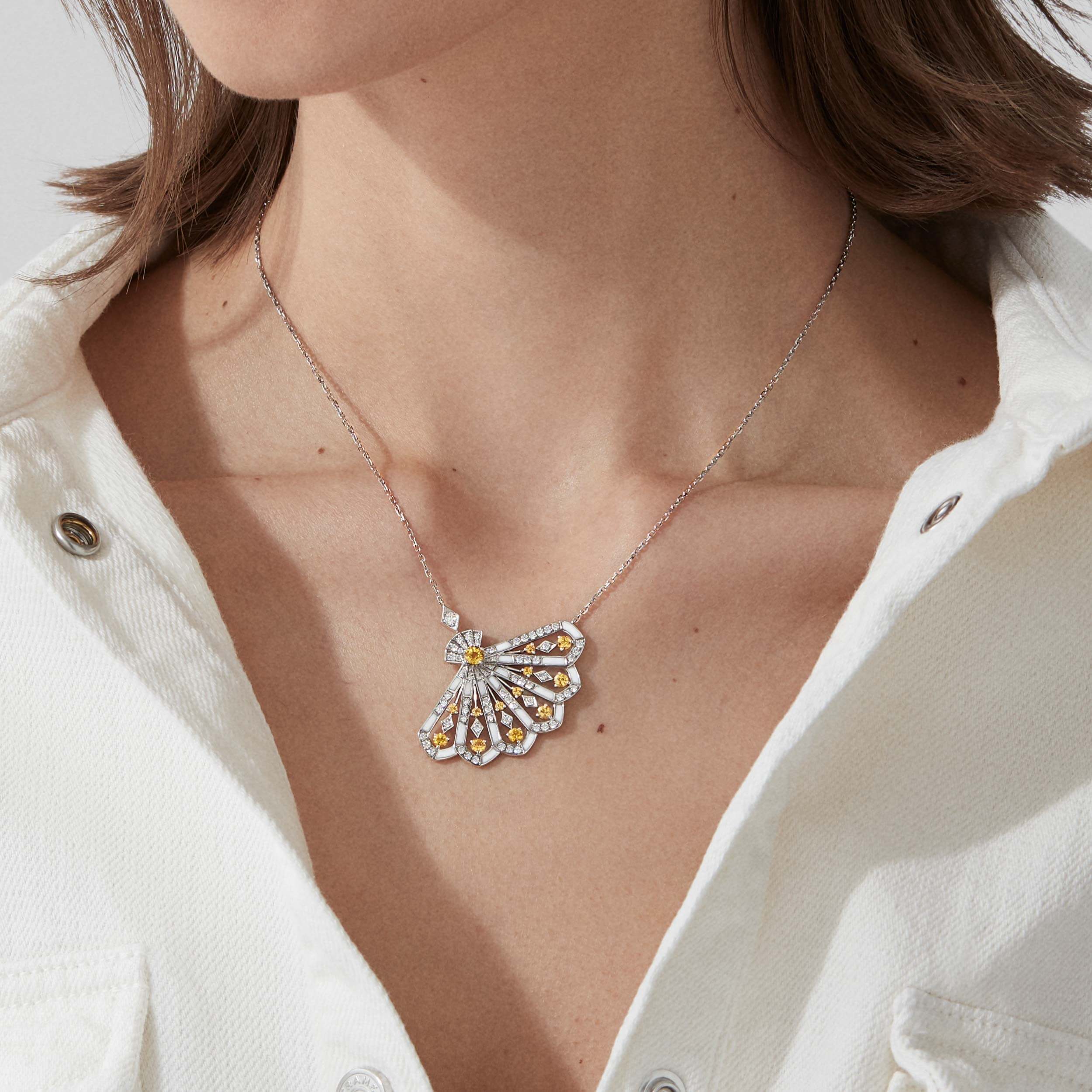 Fanfare Symphony Diamond and Yellow Sapphire Pendant | In 18ct White Gold with White Agate - Image 2