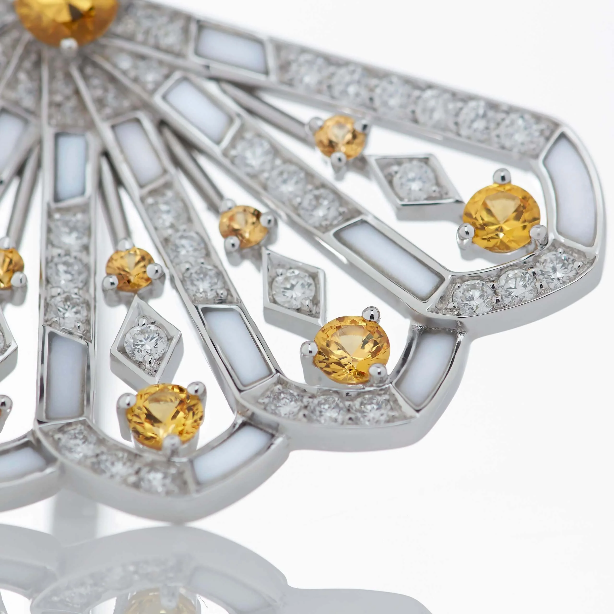 Fanfare Symphony Diamond and Yellow Sapphire Pendant | In 18ct White Gold with White Agate - Image 3