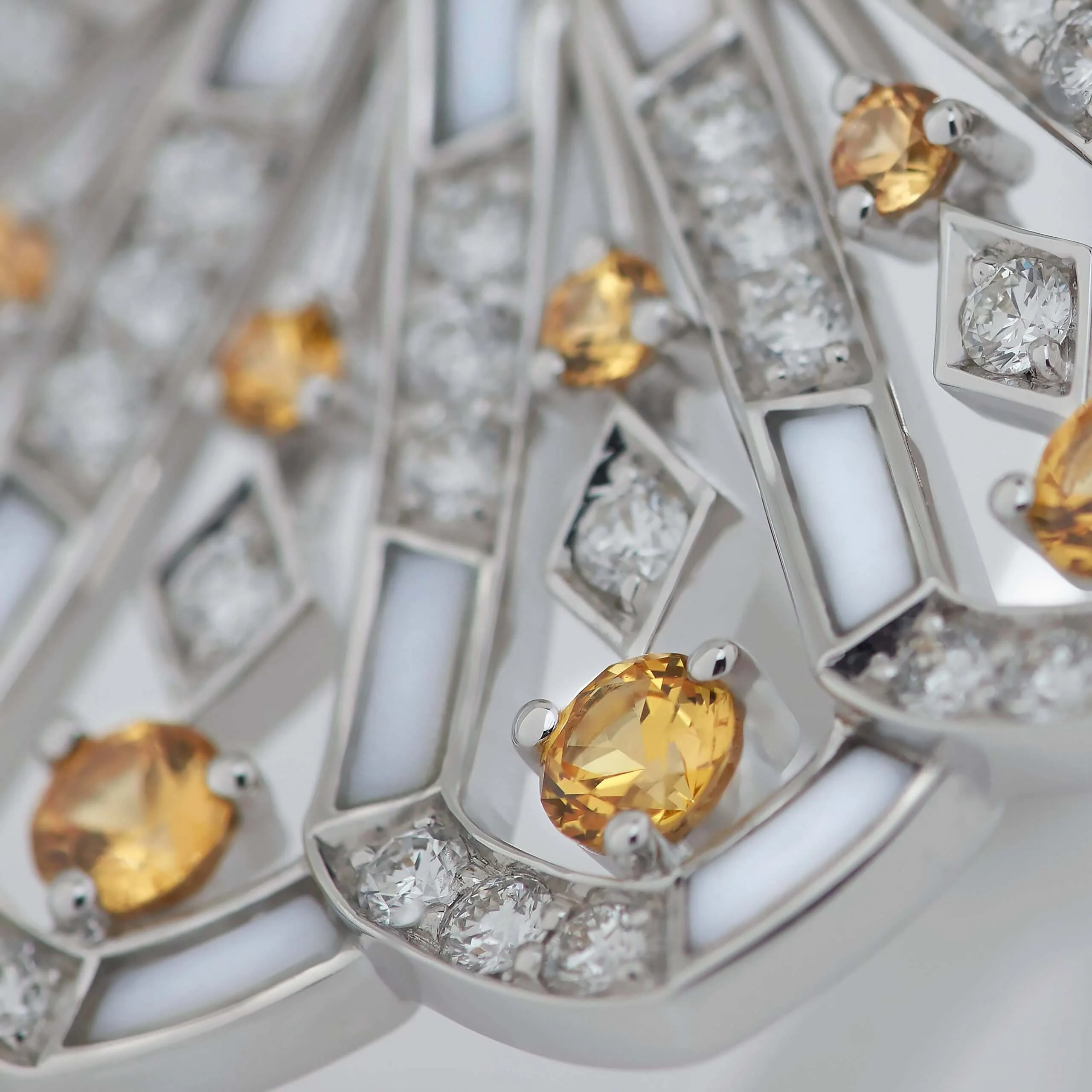 Fanfare Symphony Diamond and Yellow Sapphire Pendant | In 18ct White Gold with White Agate - Image 4