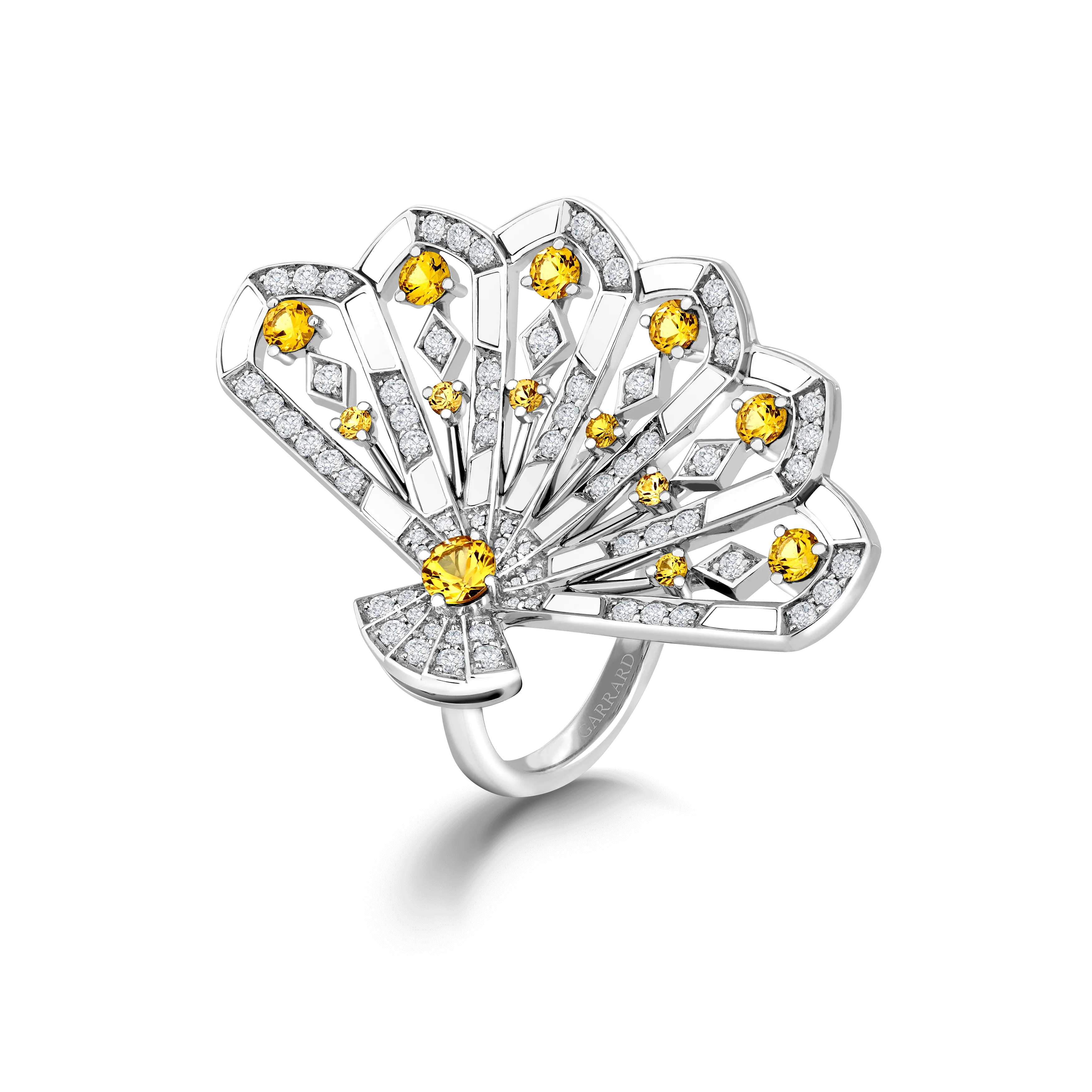 Fanfare Symphony Diamond and Yellow Sapphire Ring | In 18ct White Gold with White Agate