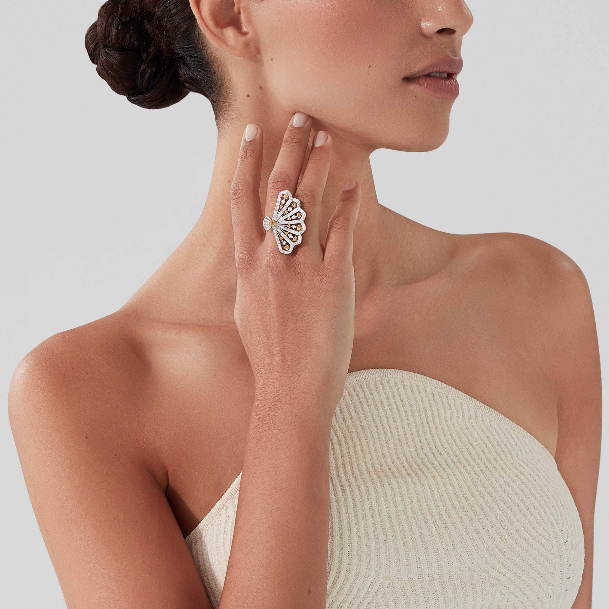 Fanfare Symphony Diamond and Yellow Sapphire Ring | In 18ct White Gold with White Agate - Image 2