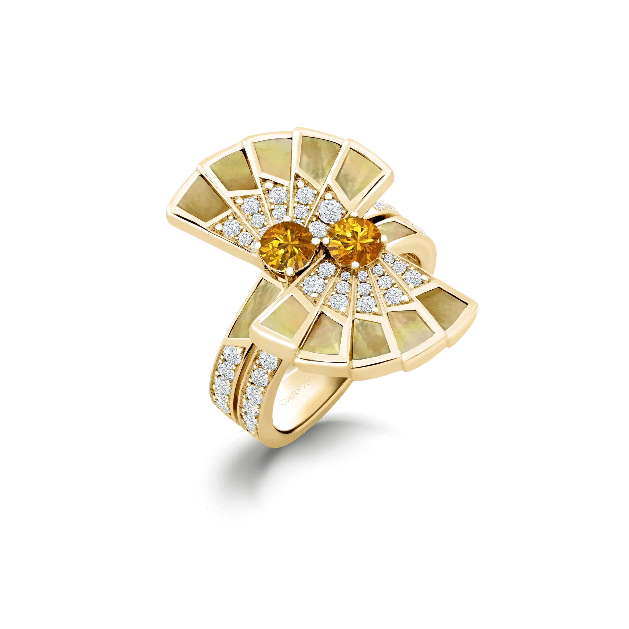 Fanfare Symphony Double Orange Sapphire and Golden Mother of Pearl Ring | In 18ct Yellow Gold with Diamonds
