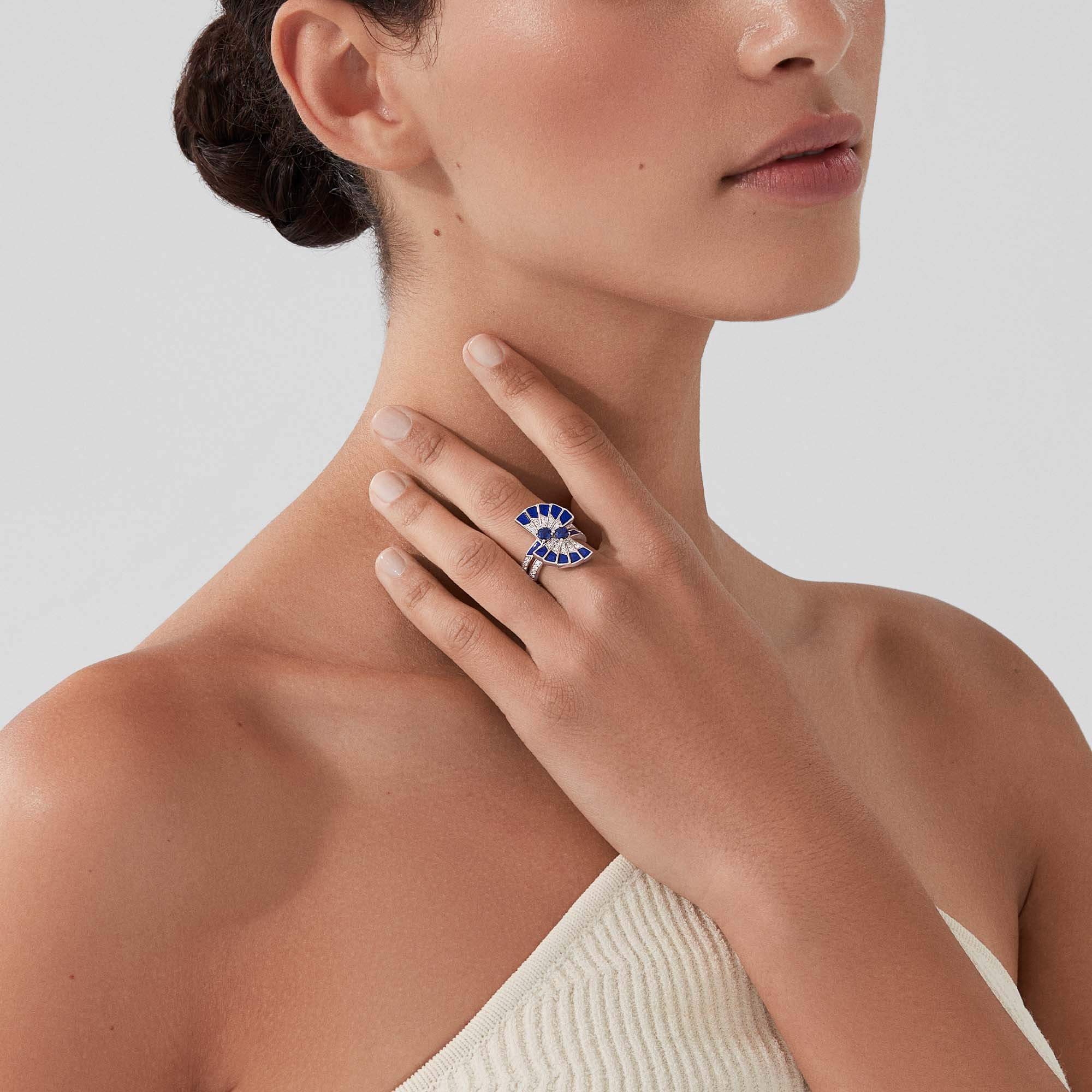 Fanfare Symphony Double Sapphire and Lapis Lazuli Ring | In 18ct White Gold with Diamonds - Image 2