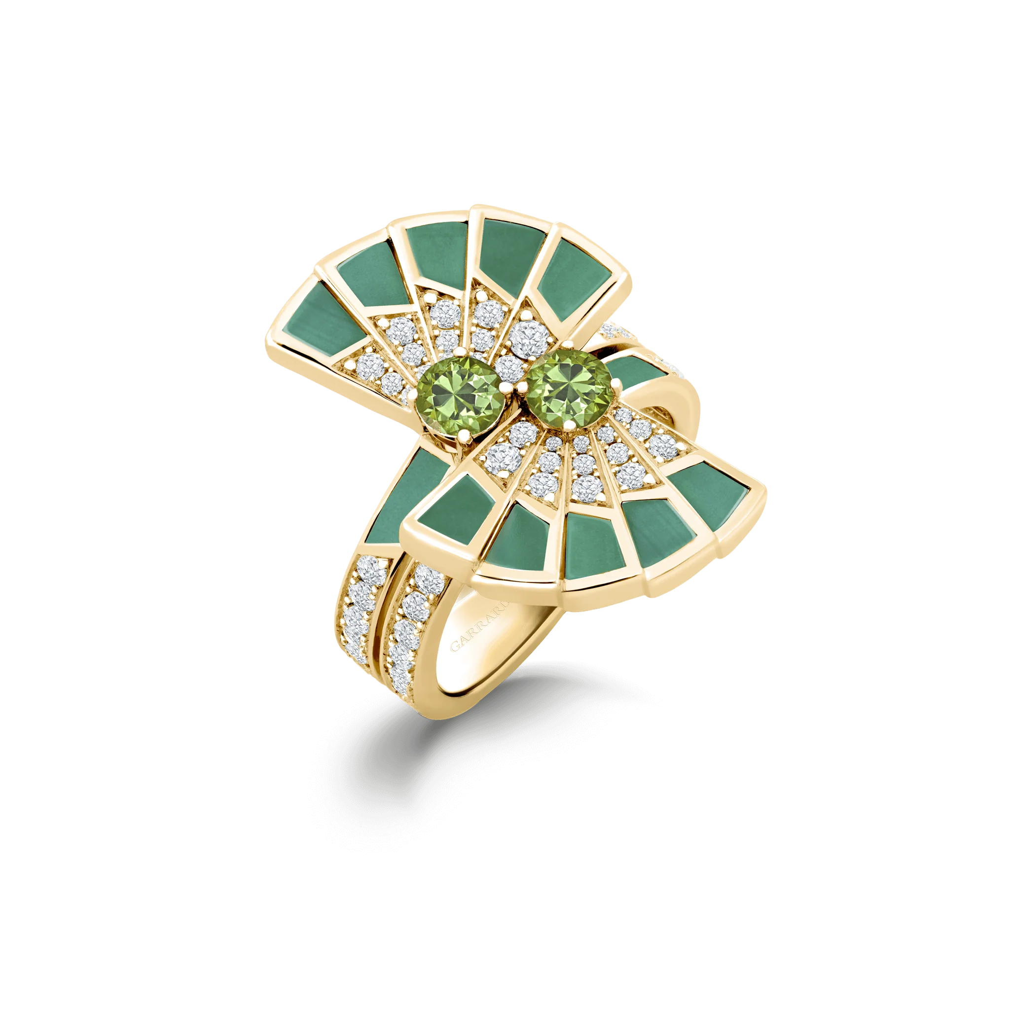 Fanfare Symphony Double Tsavorite and Apple Malachite Ring | In 18ct Yellow Gold with Diamonds