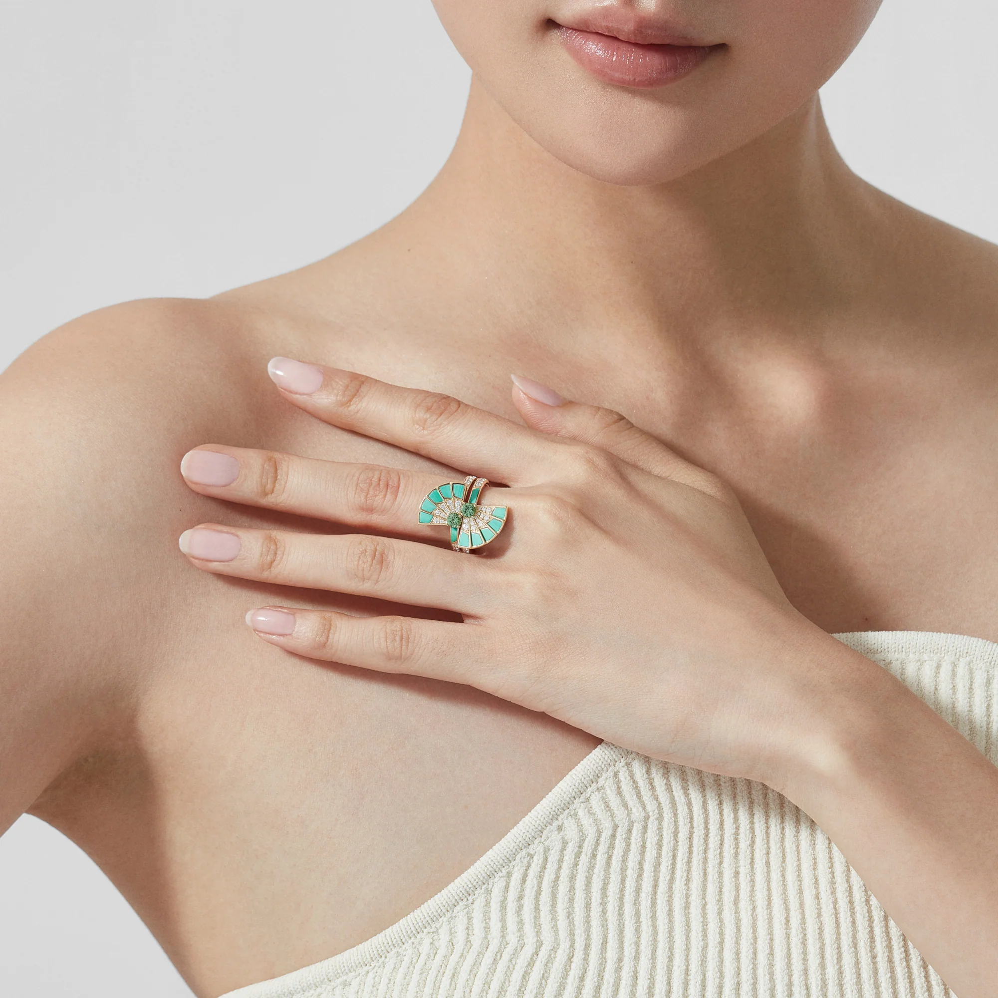 Fanfare Symphony Double Tsavorite and Apple Malachite Ring | In 18ct Yellow Gold with Diamonds - Image 2