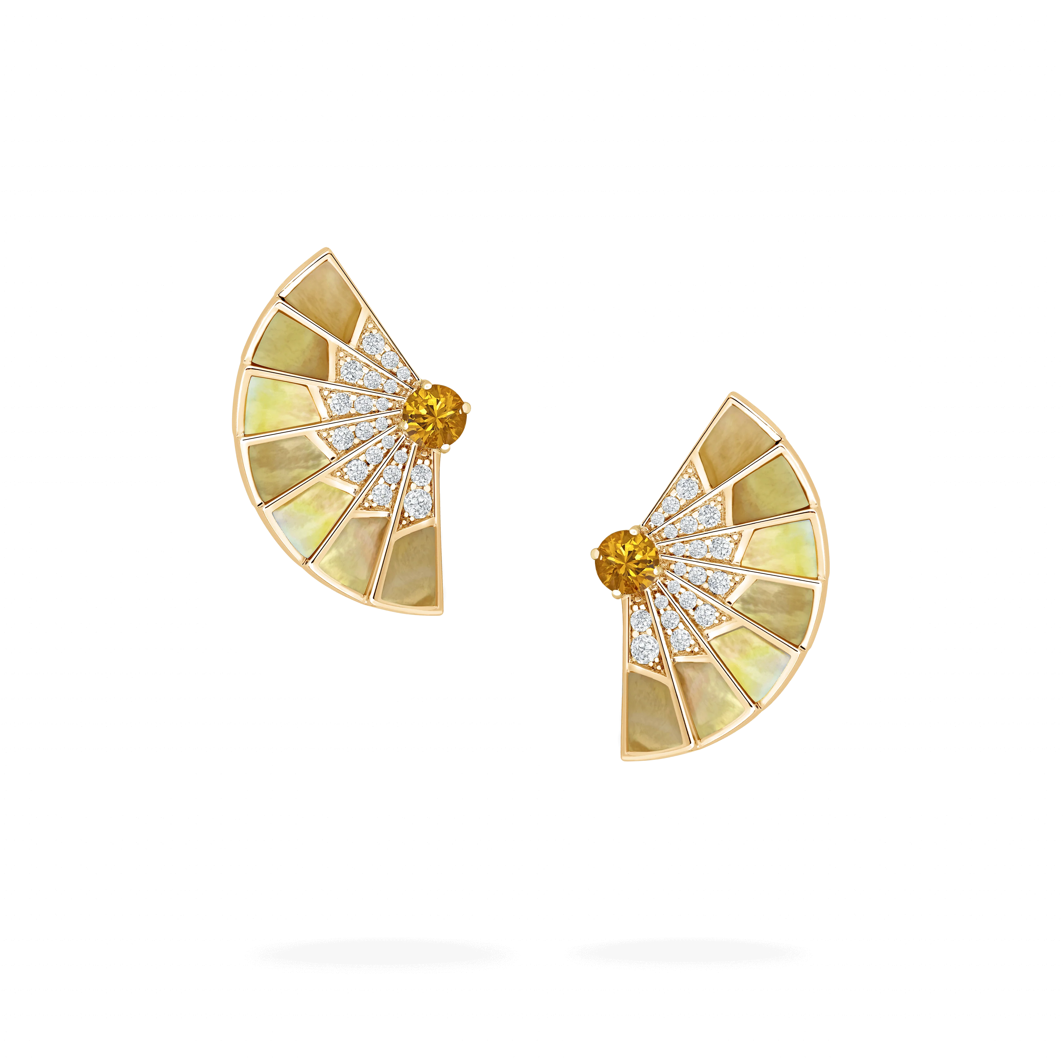 Fanfare Symphony Orange Sapphire and Golden Mother of Pearl Earrings | In 18ct Yellow Gold with Diamonds