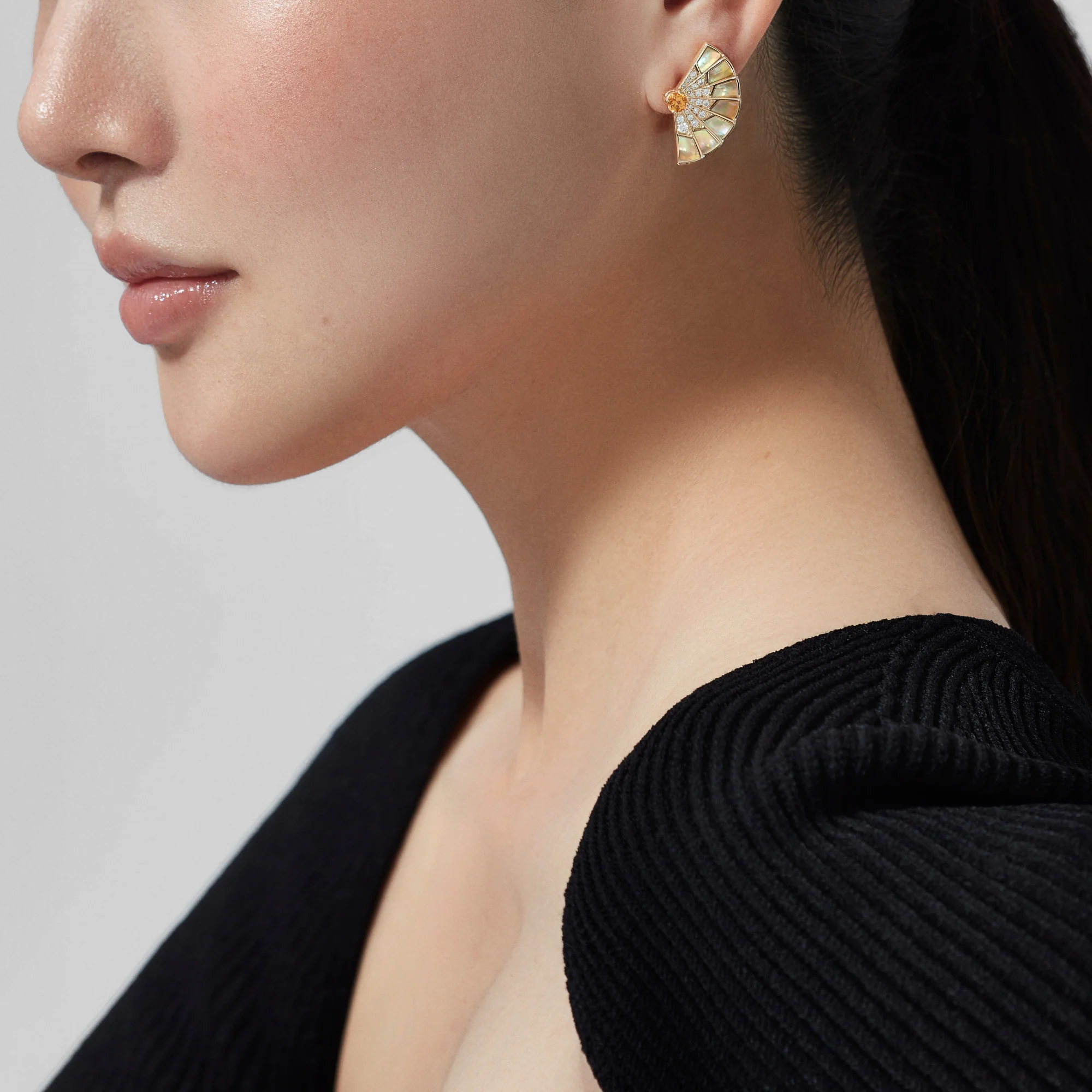 Fanfare Symphony Orange Sapphire and Golden Mother of Pearl Earrings | In 18ct Yellow Gold with Diamonds - Image 2