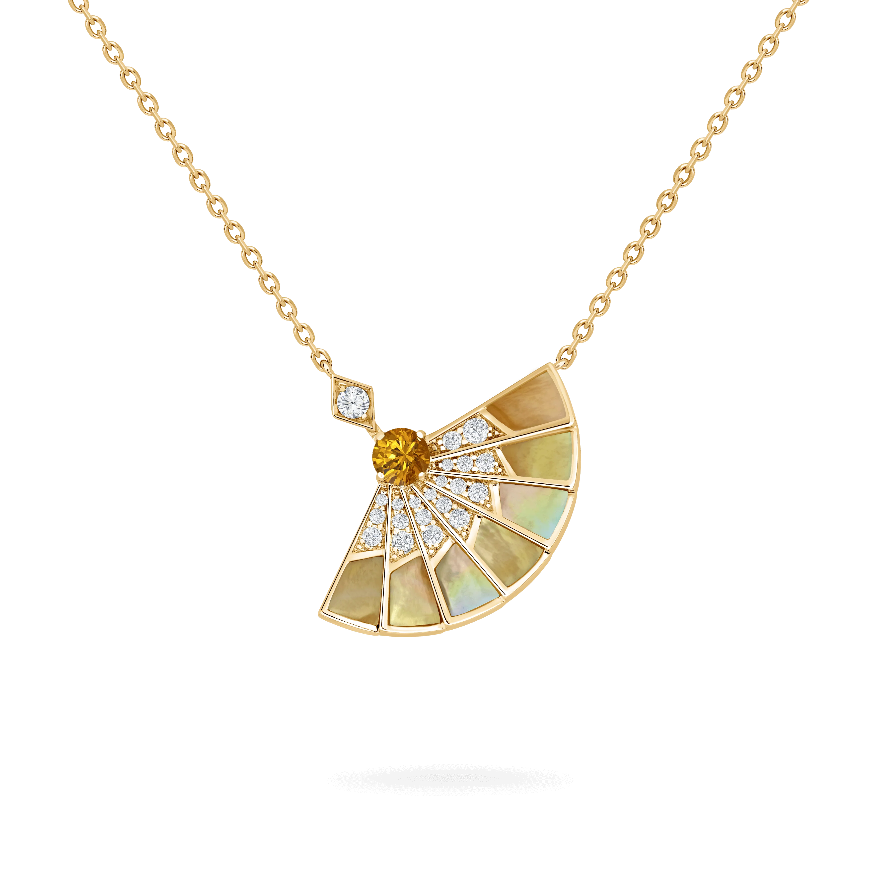 Fanfare Symphony Orange Sapphire and Golden Mother of Pearl Pendant | In 18ct Yellow Gold with Diamonds