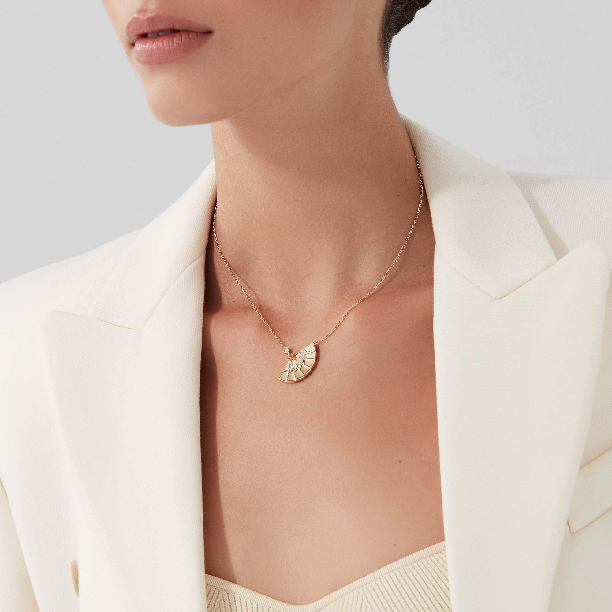 Fanfare Symphony Orange Sapphire and Golden Mother of Pearl Pendant | In 18ct Yellow Gold with Diamonds - Image 2