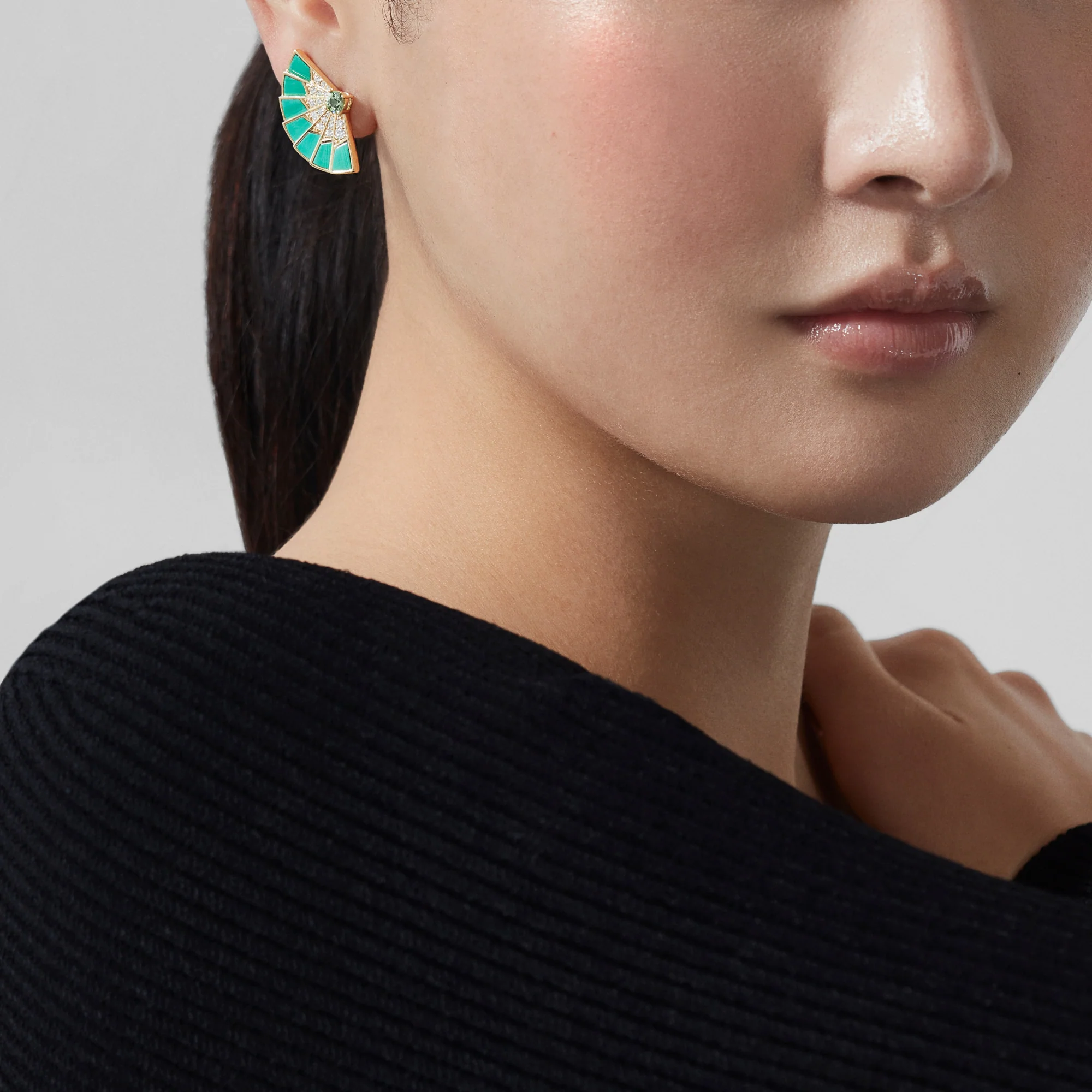 Fanfare Symphony Tsavorite and Apple Malachite Earrings | In 18ct Yellow Gold with Diamonds - Image 2