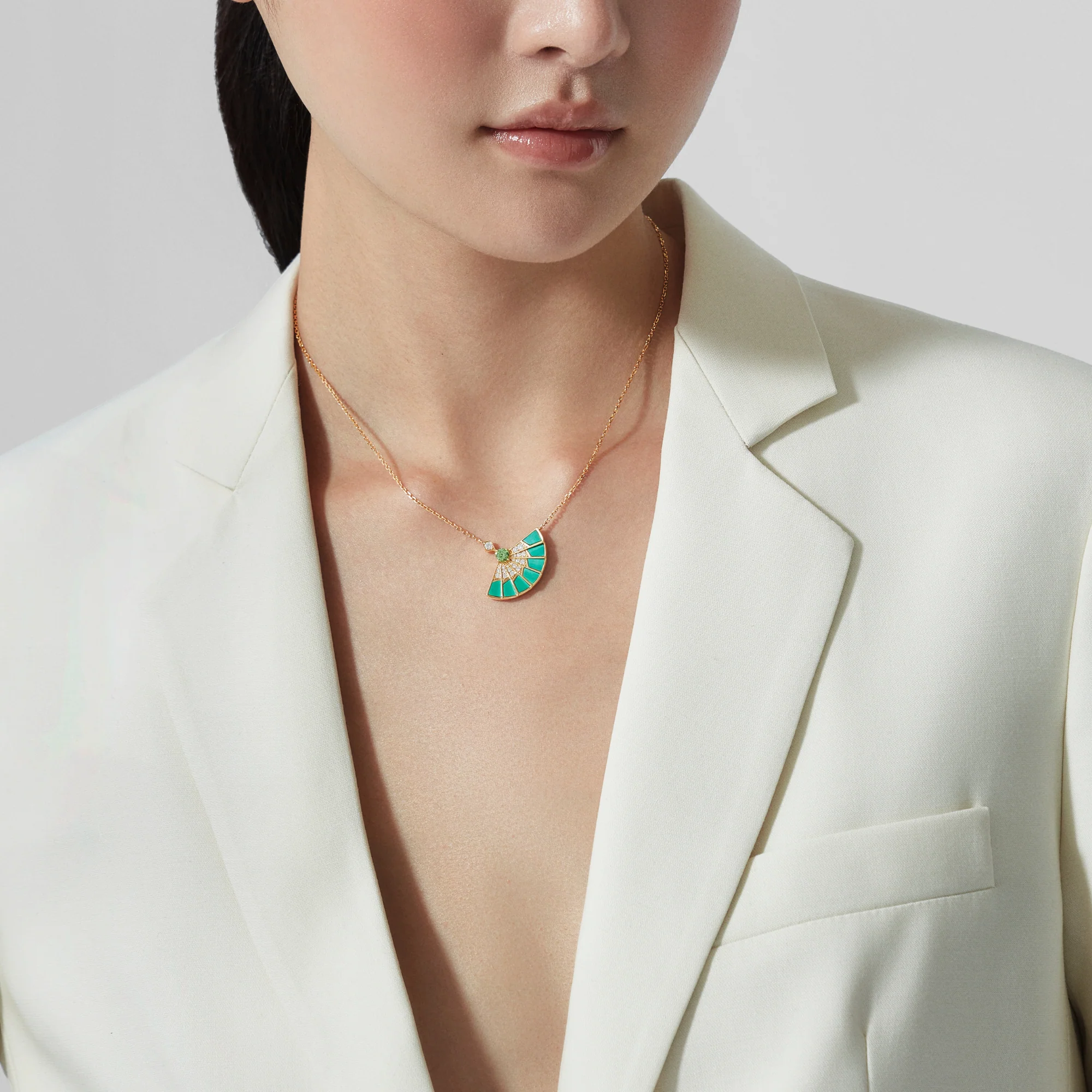 Fanfare Symphony Tsavorite and Apple Malachite Pendant | In 18ct Yellow Gold with Diamonds - Image 2
