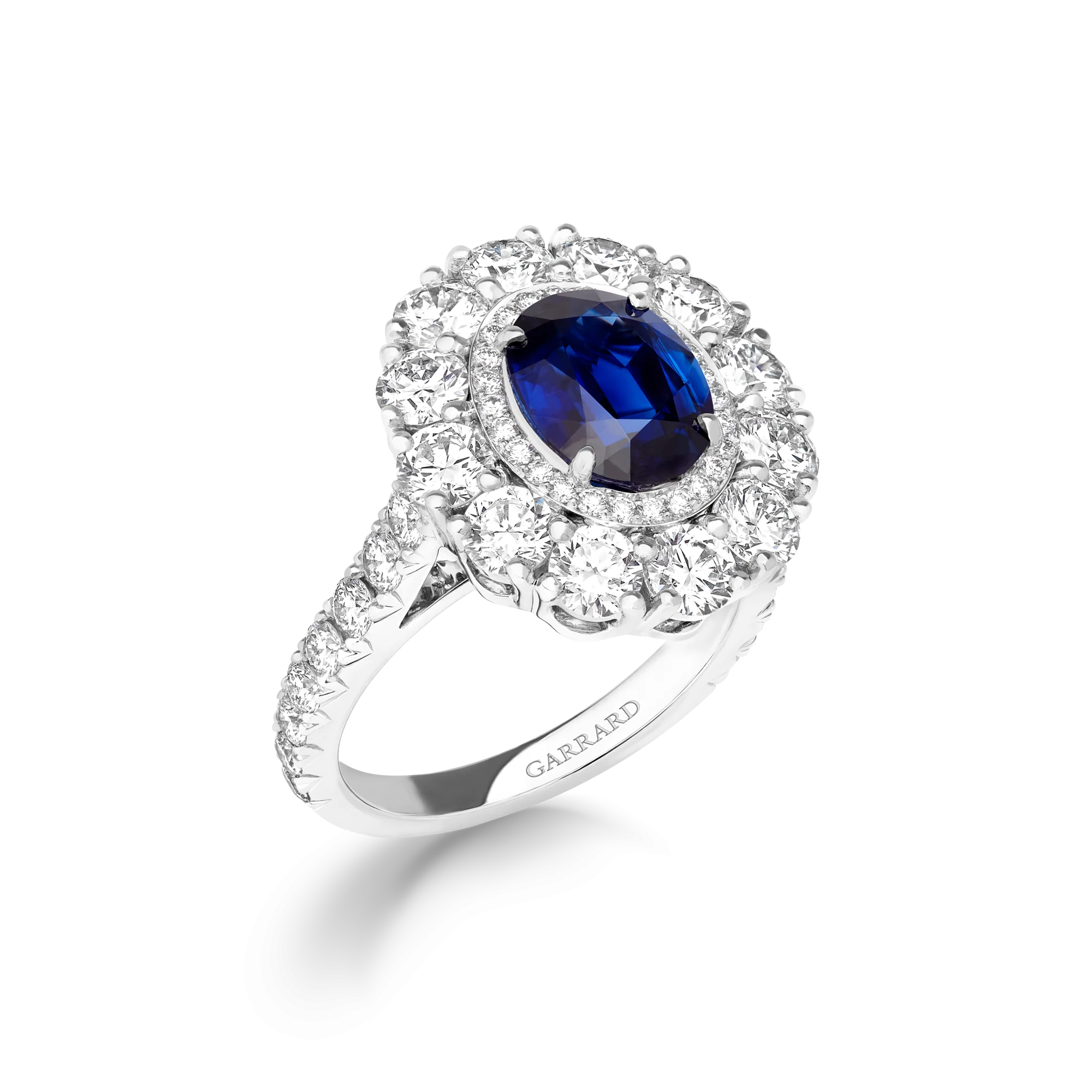 Jewelled Vault 2.83cts Oval Royal Blue Sapphire and Diamond Double Cluster Ring | In Platinum