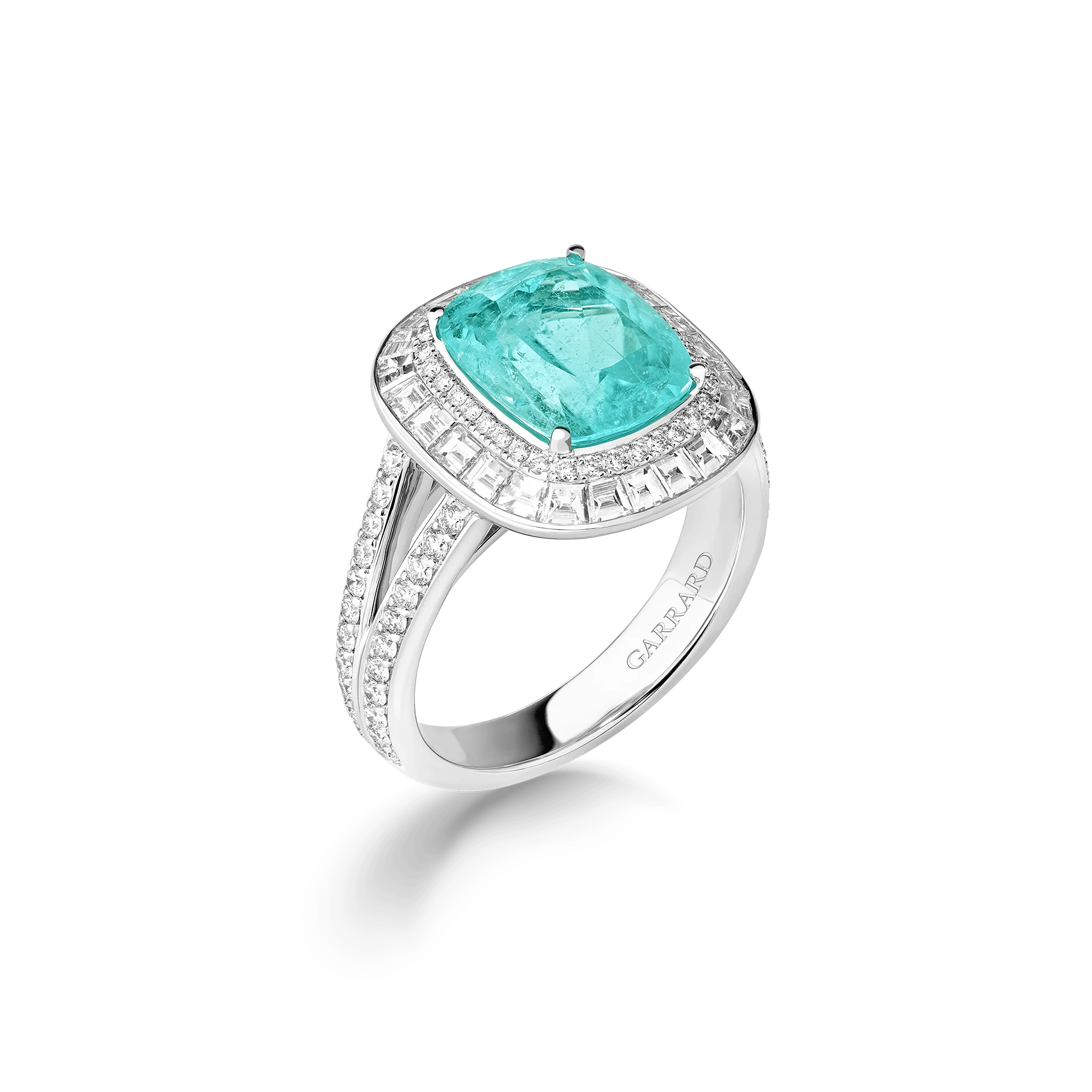 Jewelled Vault 4.02ct Cushion Cut Paraiba Tourmaline and Diamond High Jewellery Ring|In 18ct White Gold