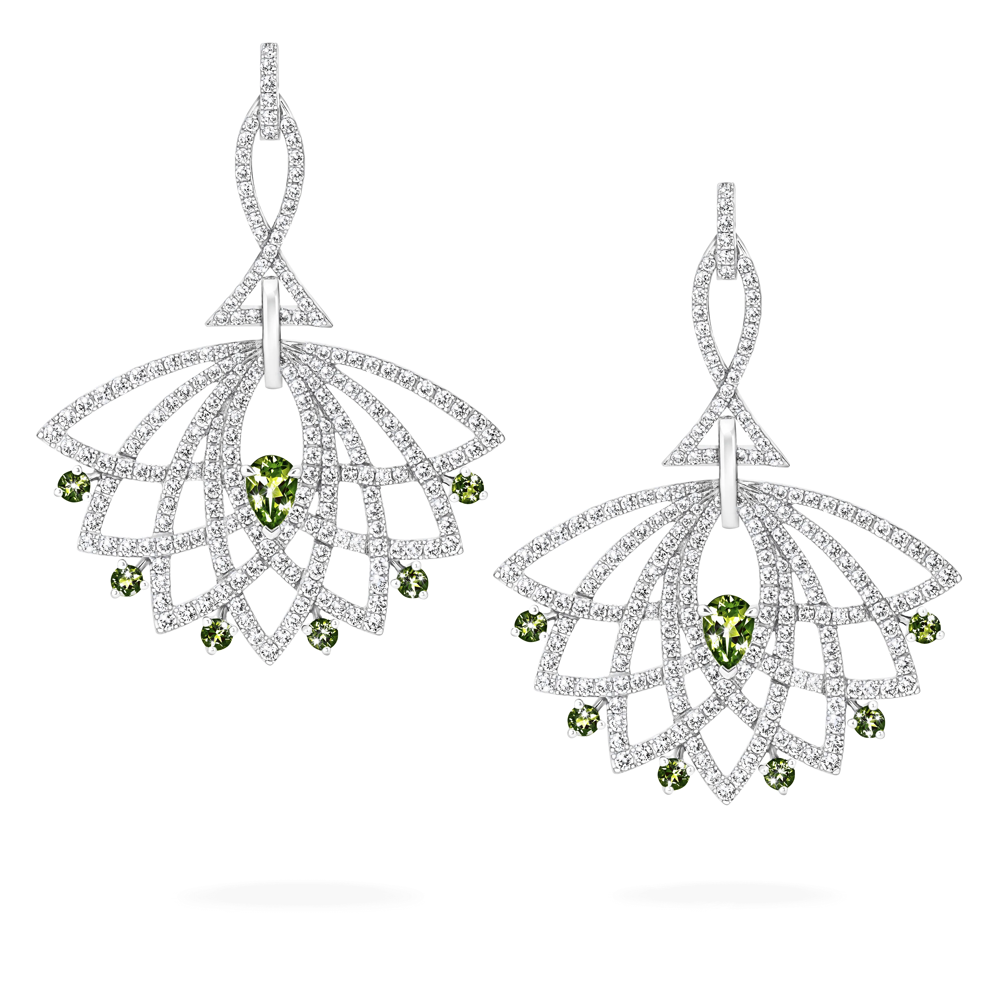 Lotus Bloom Tsavorite and Diamond Drop Earrings | In 18K White Gold