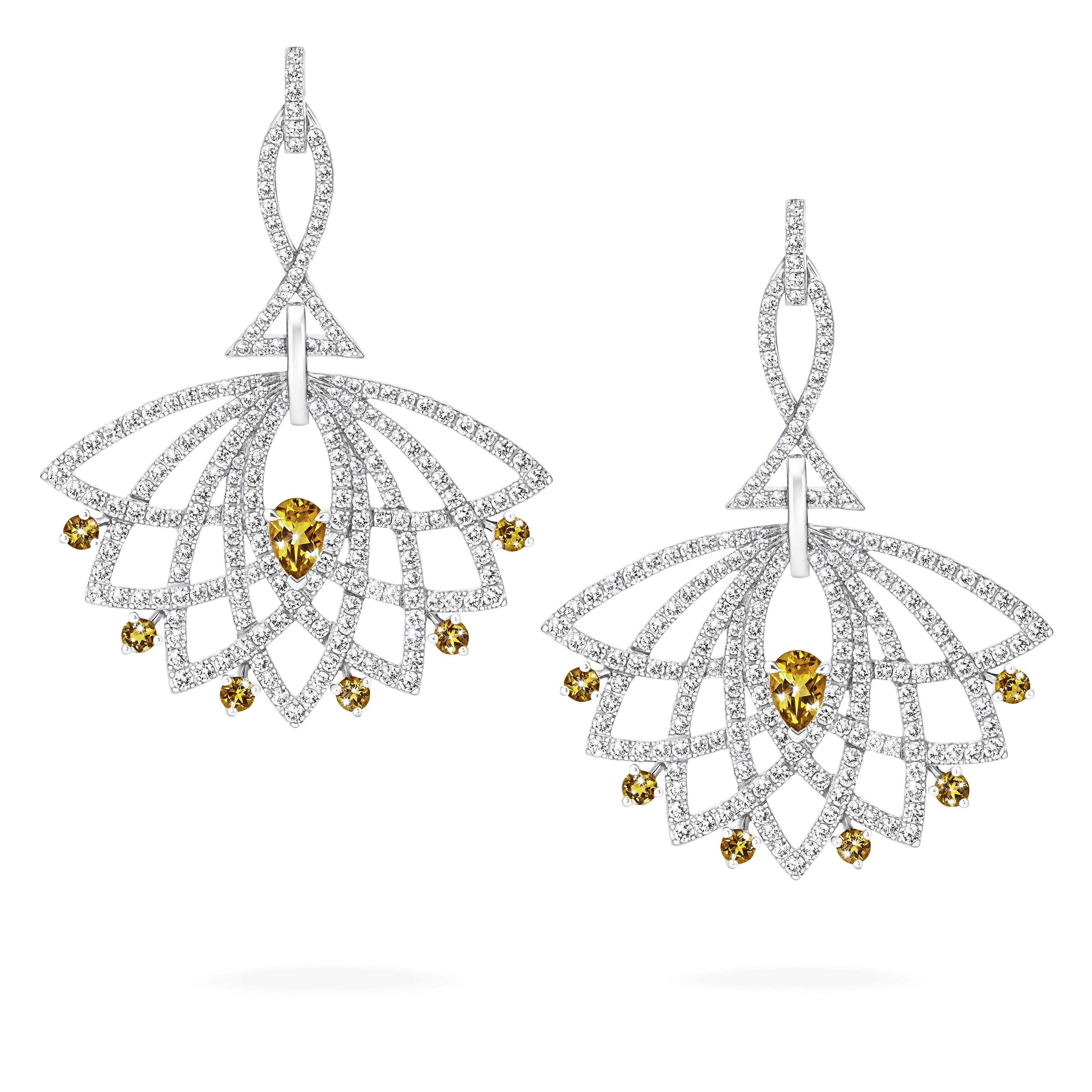 Lotus Bloom Yellow Sapphire and Diamond Drop Earrings | In 18K White Gold