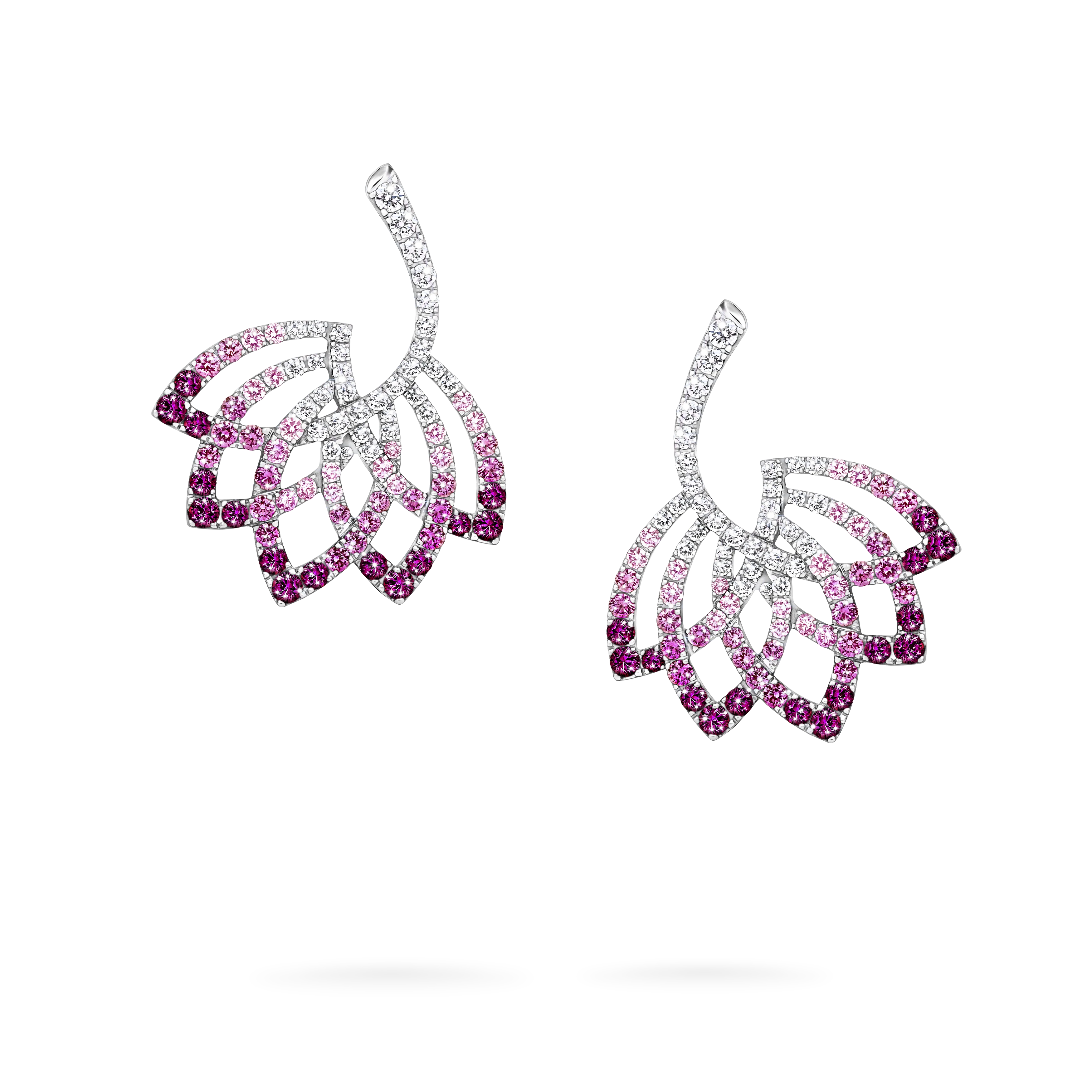 Lotus Flower Pink Sapphire and Diamond Drop Earrings | In 18K White Gold