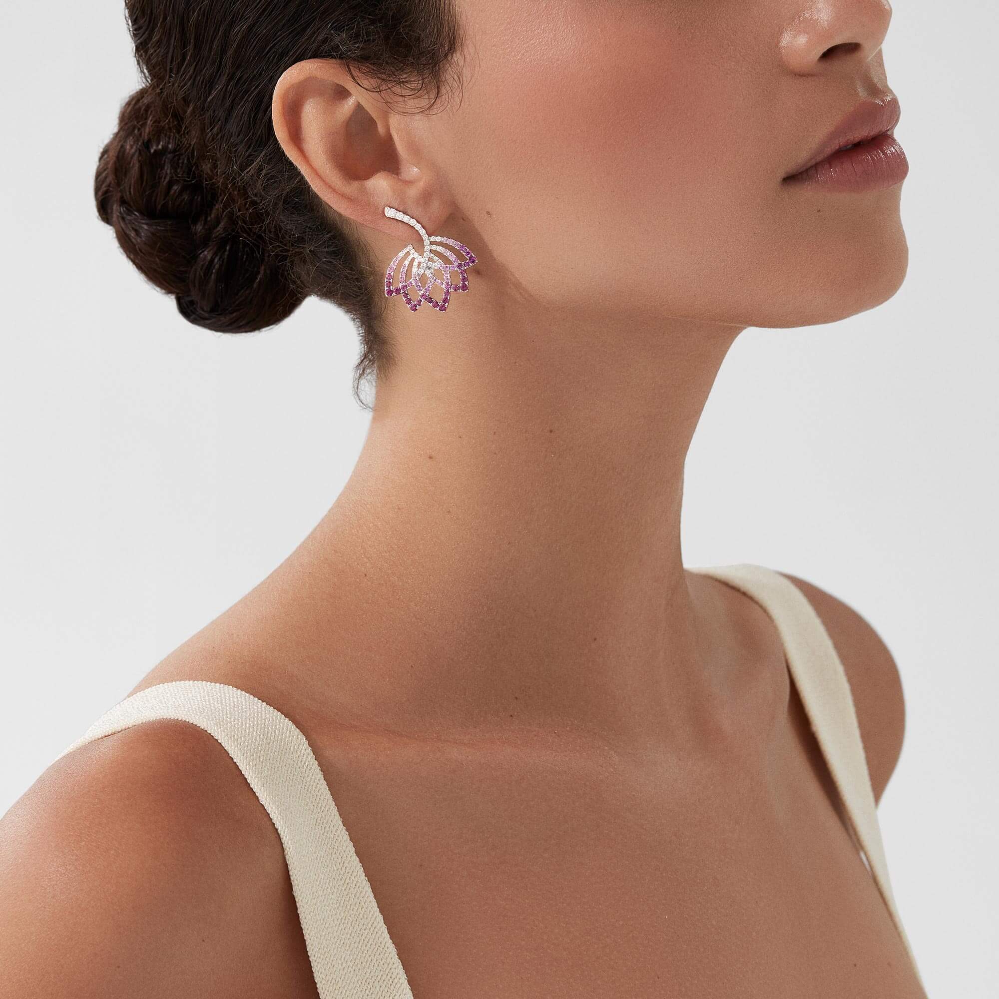 Lotus Flower Pink Sapphire and Diamond Drop Earrings | In 18K White Gold - Image 2