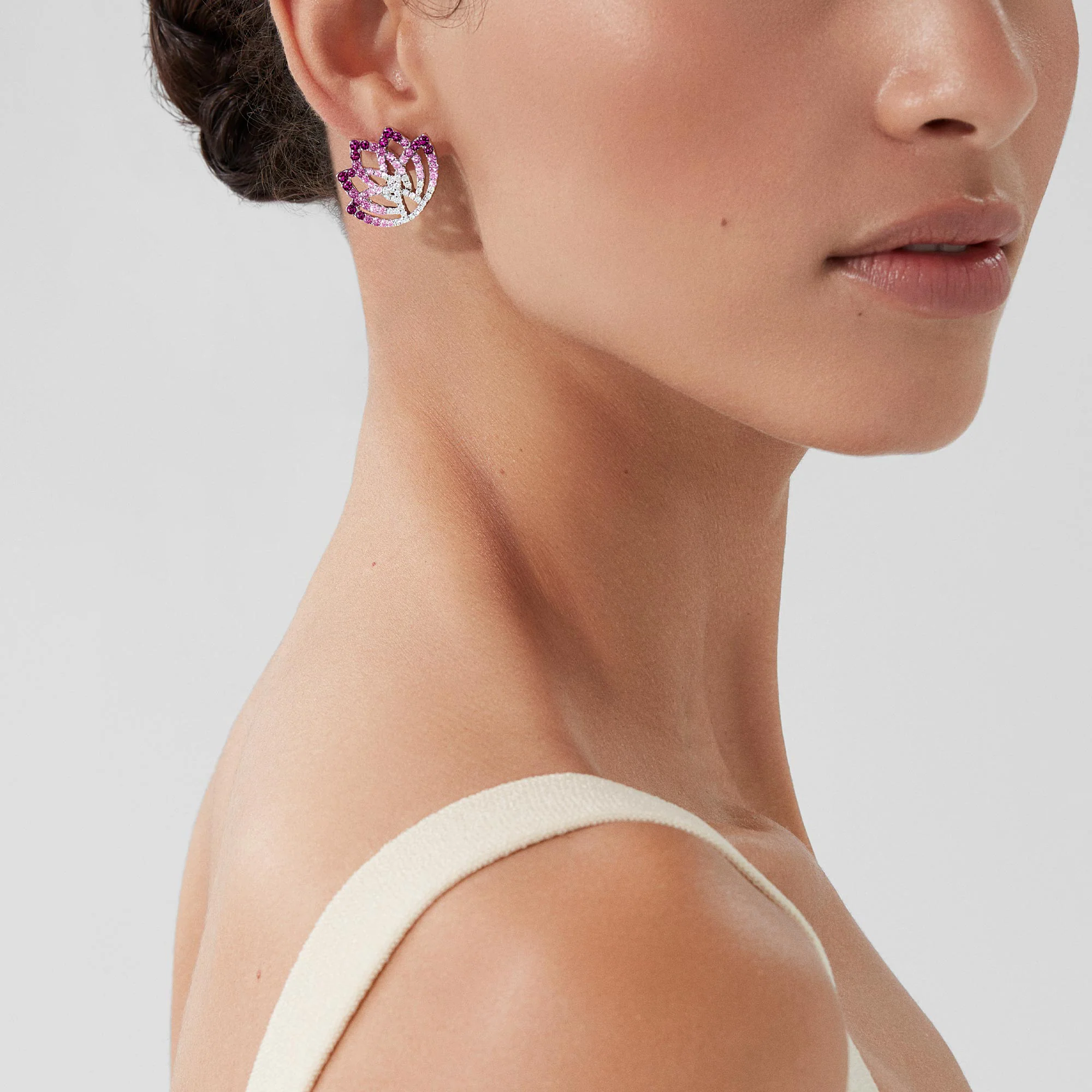 Lotus Flower Pink Sapphire and Diamond Ear Climbers | In 18K White Gold - Image 2