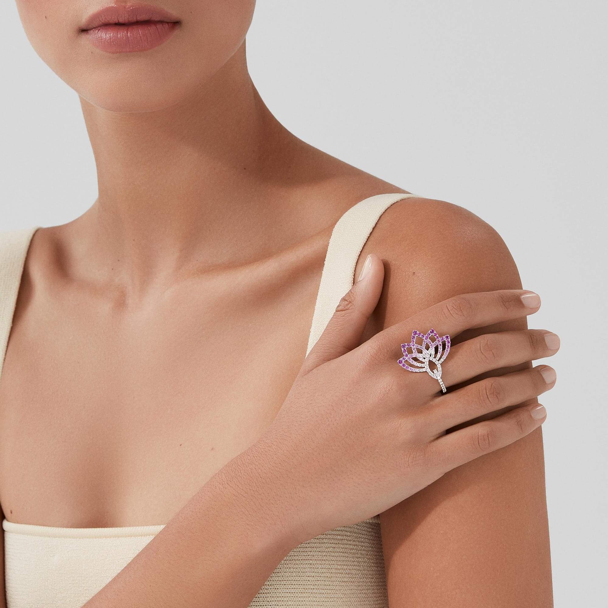 Lotus Flower Pink Sapphire and Diamond Ring | In 18K White Gold - Image 2