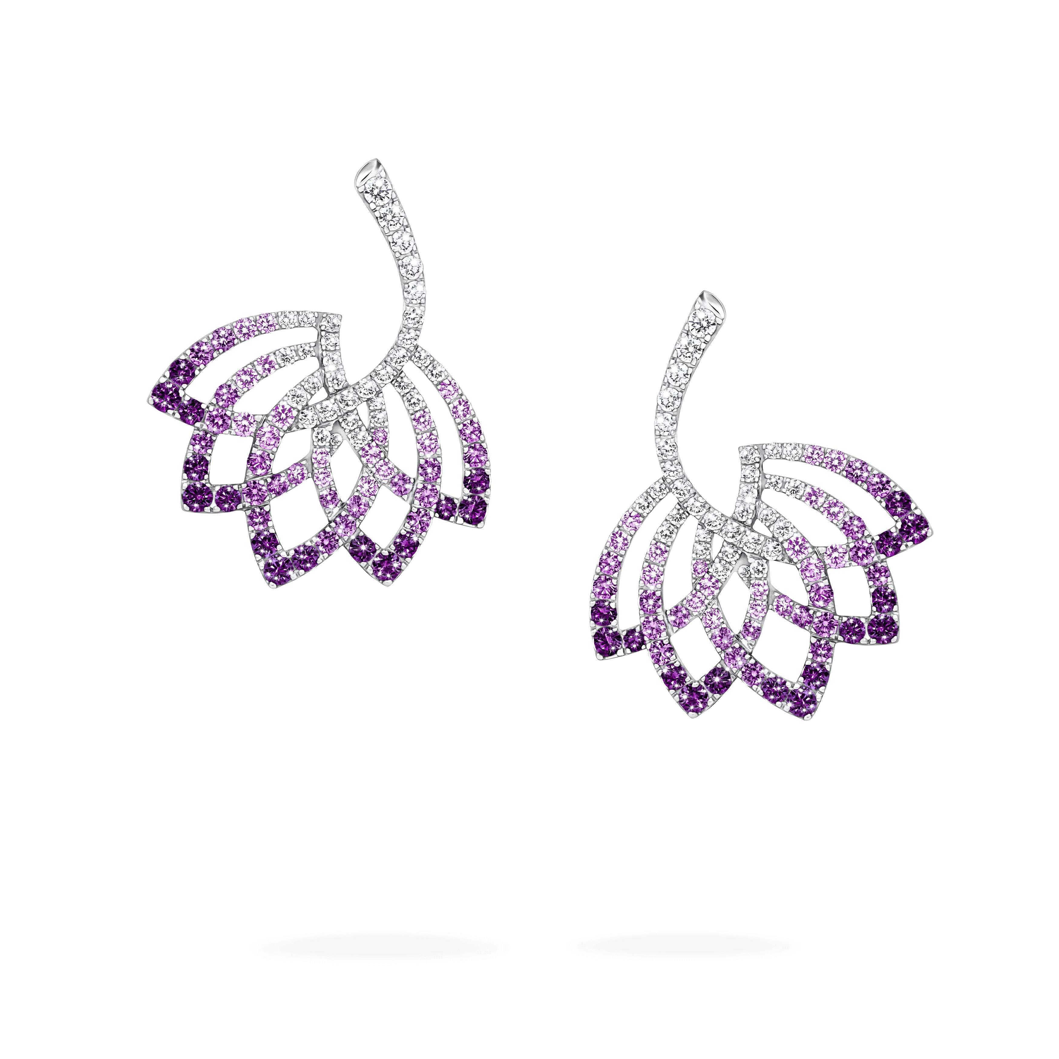 Lotus Flower Purple Sapphire and Diamond Drop Earrings | In 18K White Gold