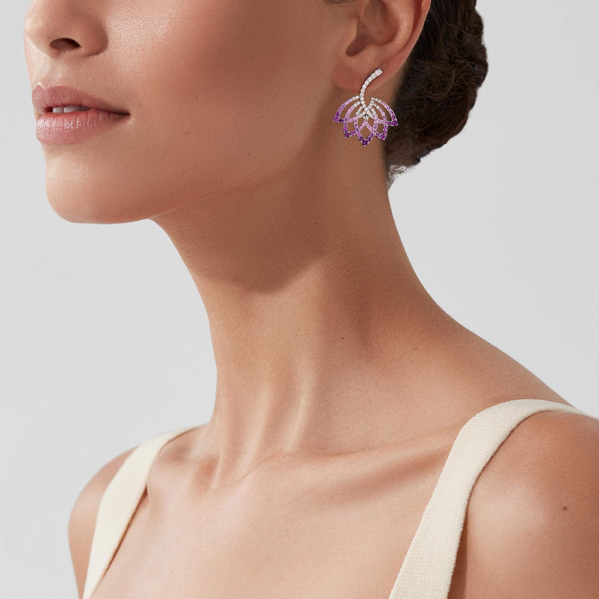 Lotus Flower Purple Sapphire and Diamond Drop Earrings | In 18K White Gold - Image 2