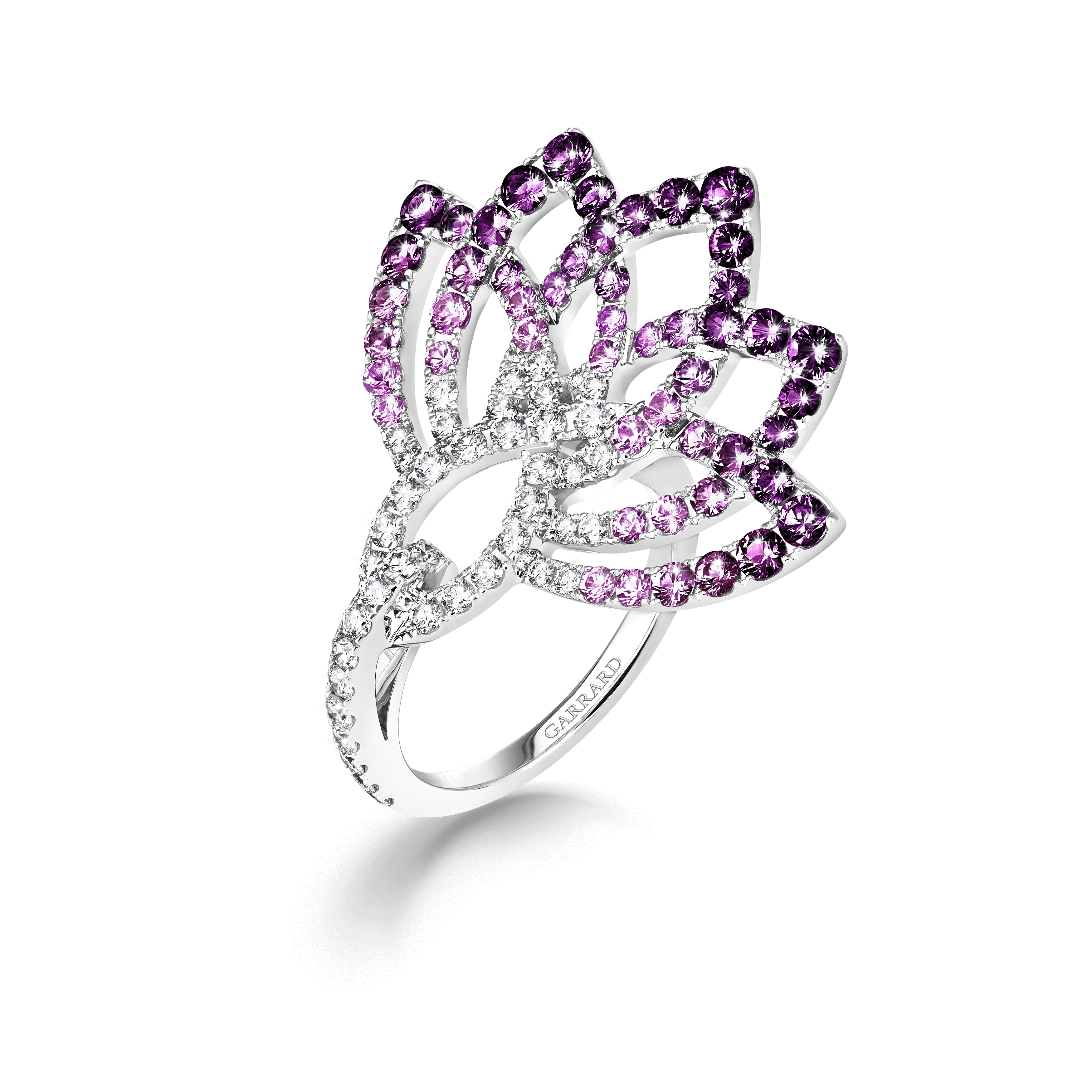 Lotus Flower Purple Sapphire and Diamond Ring | In 18K White Gold