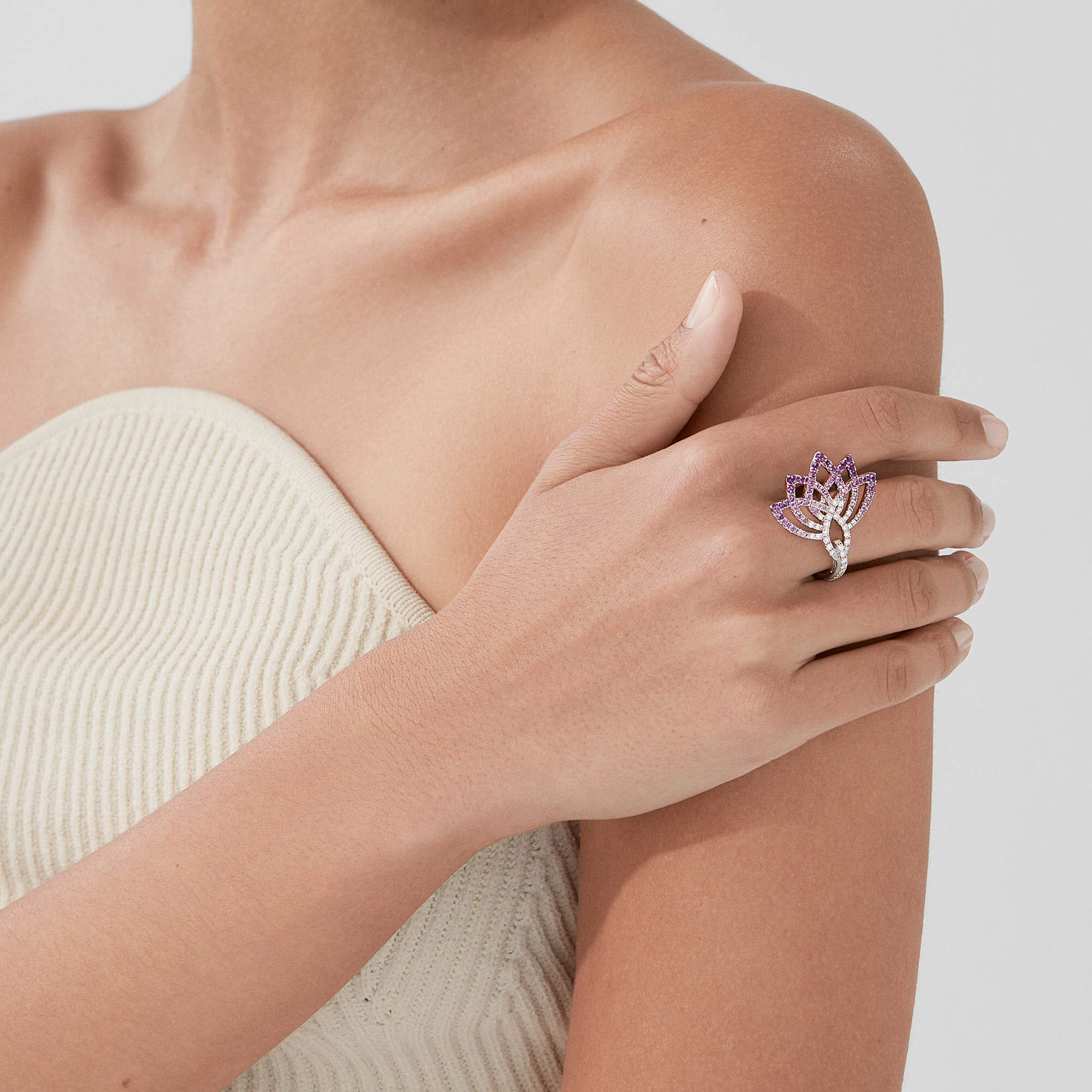 Lotus Flower Purple Sapphire and Diamond Ring | In 18K White Gold - Image 2