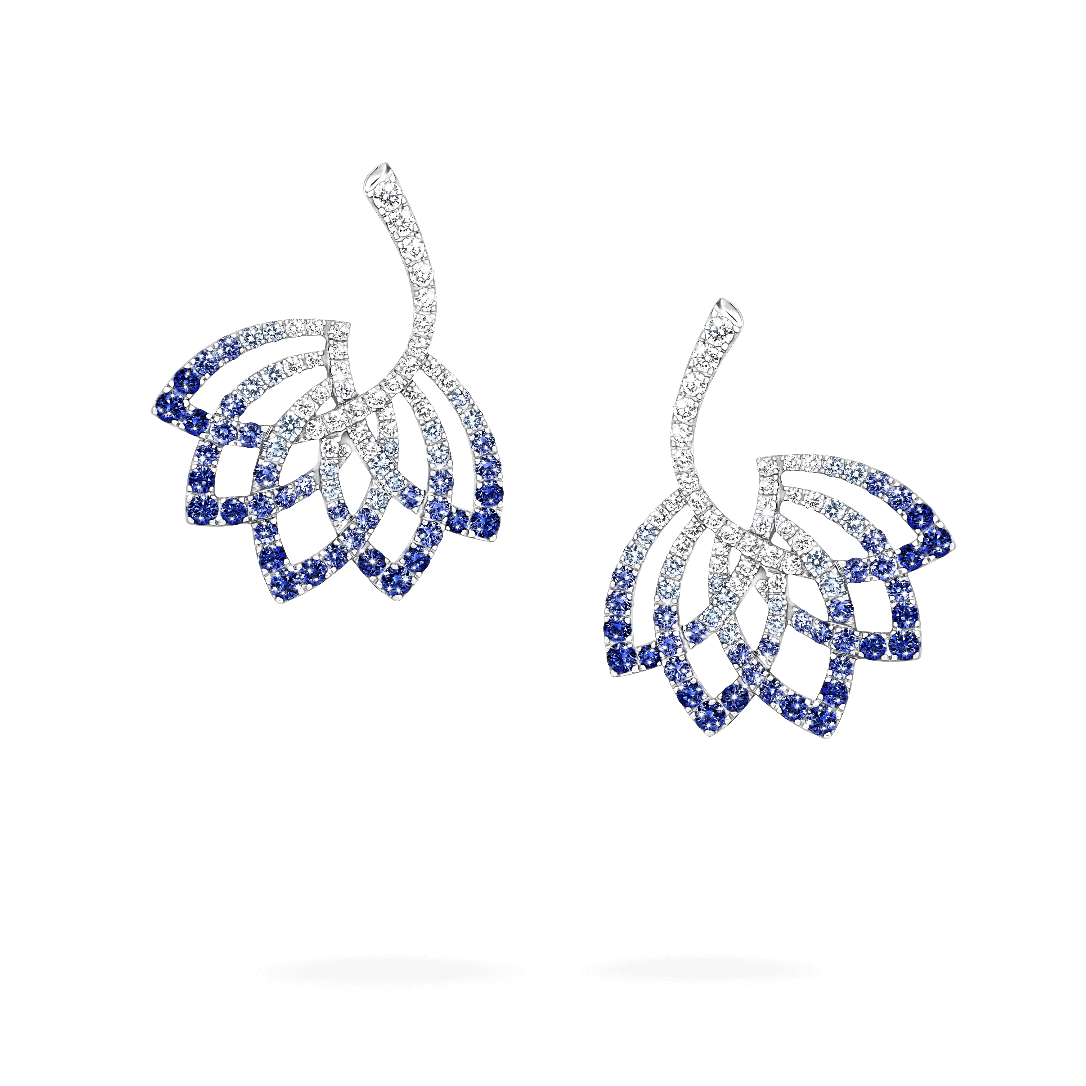 Lotus Flower Sapphire and Diamond Drop Earrings | In 18K White Gold