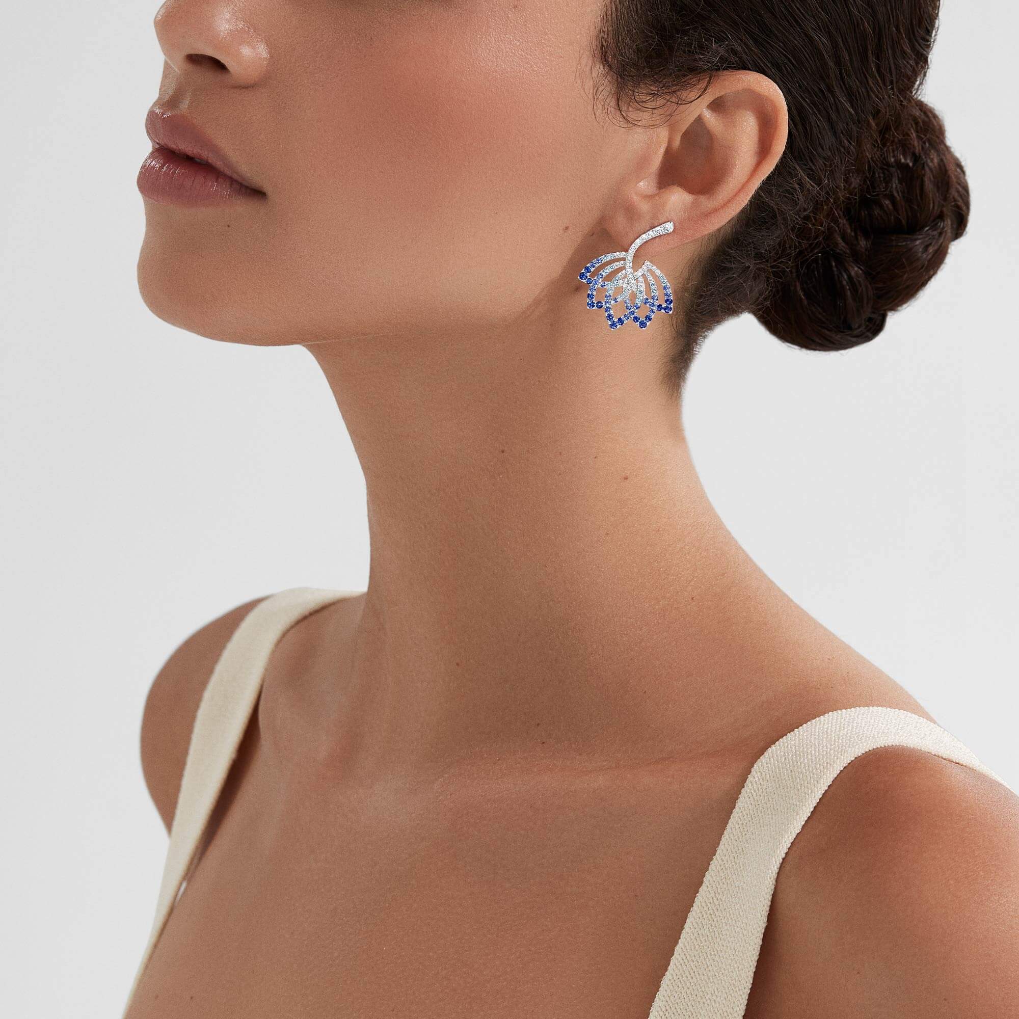 Lotus Flower Sapphire and Diamond Drop Earrings | In 18K White Gold - Image 2