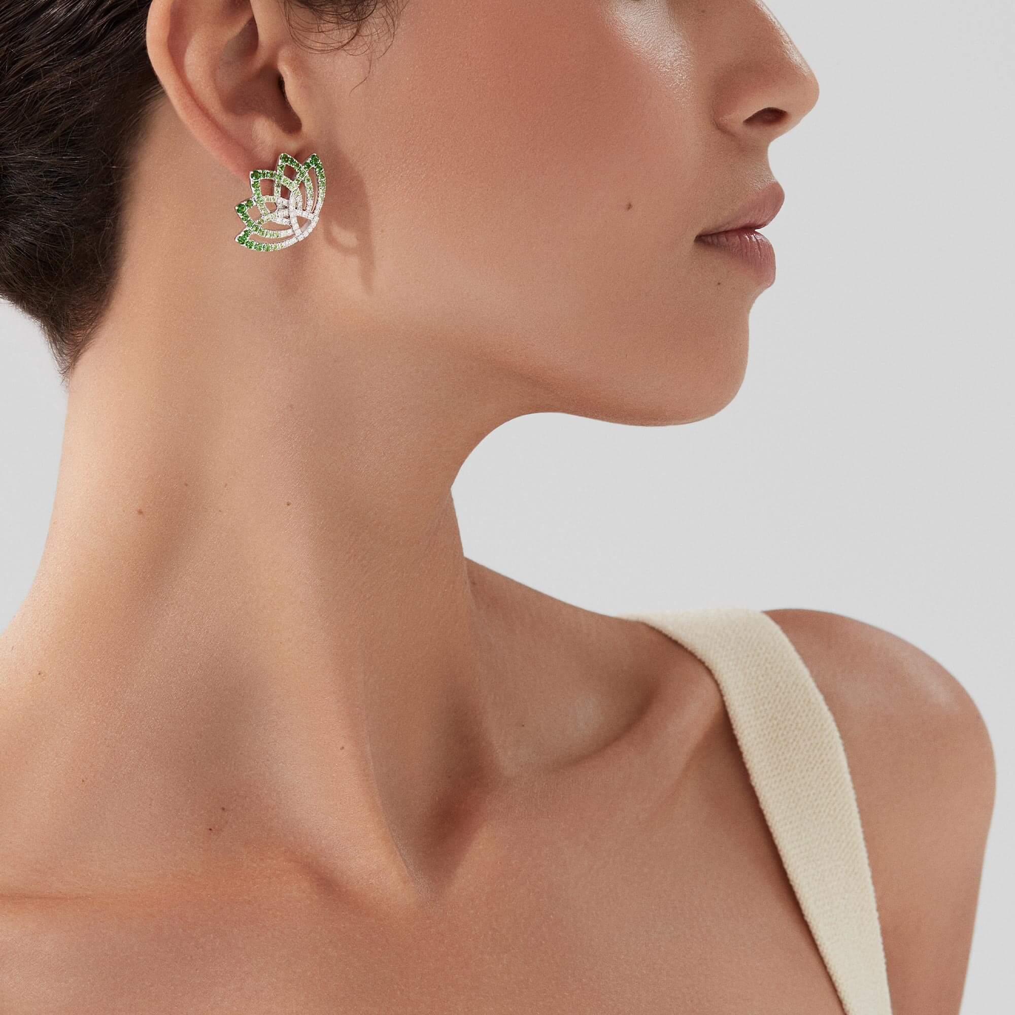 Lotus Flower Tsavorite and Diamond Ear Climbers | In 18K White Gold - Image 2