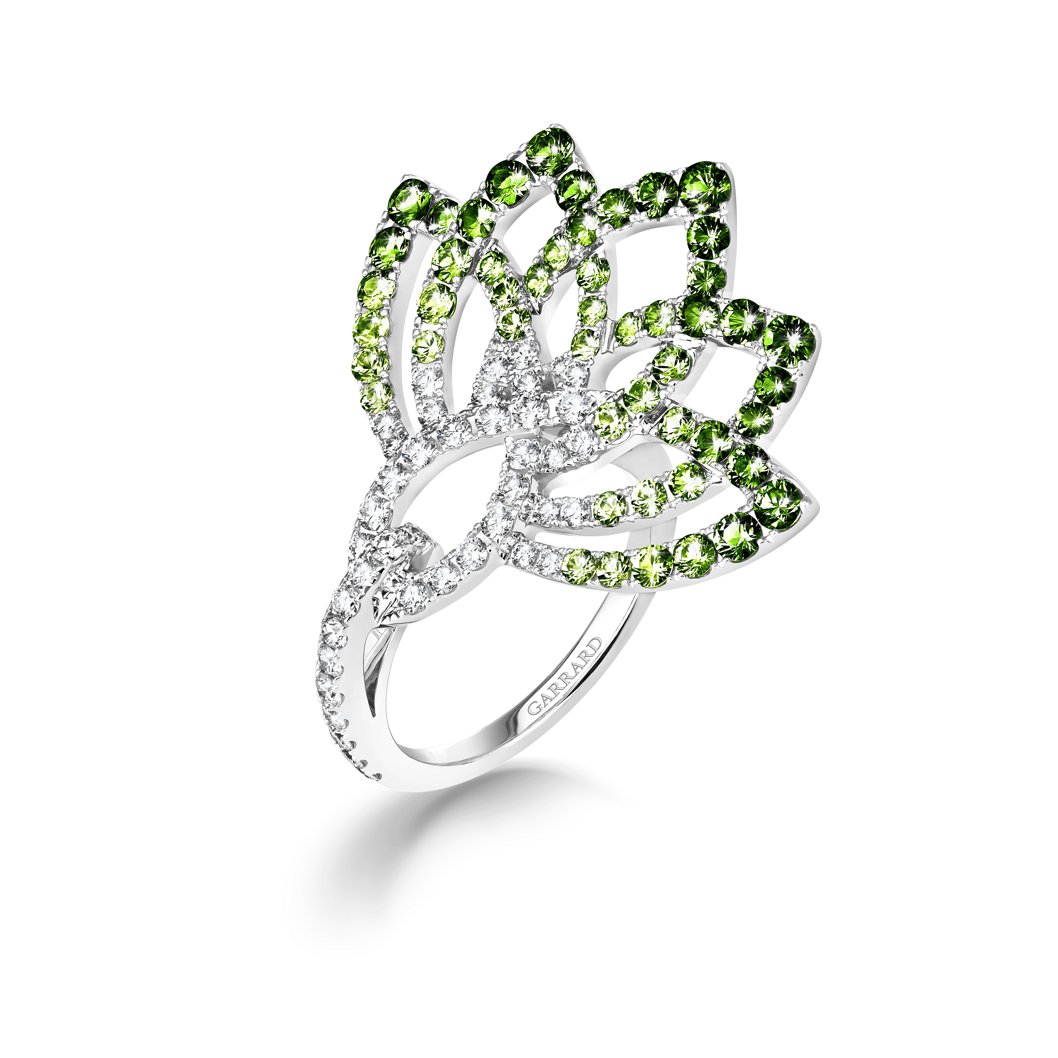 Lotus Flower Tsavorite and Diamond Ring | In 18K White Gold
