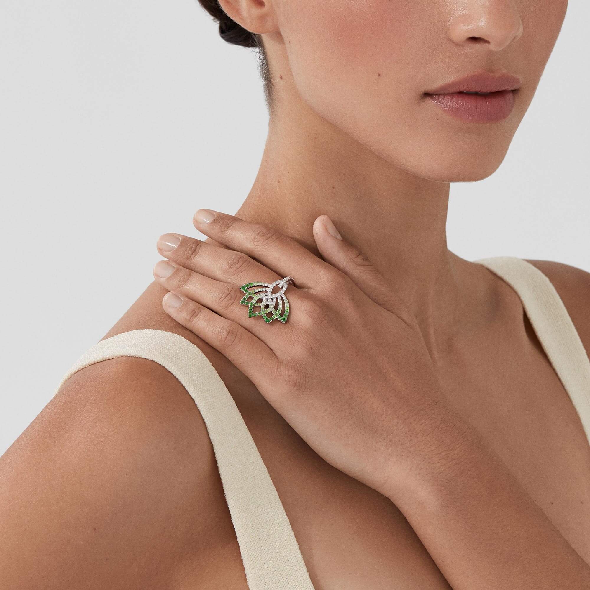Lotus Flower Tsavorite and Diamond Ring | In 18K White Gold - Image 2