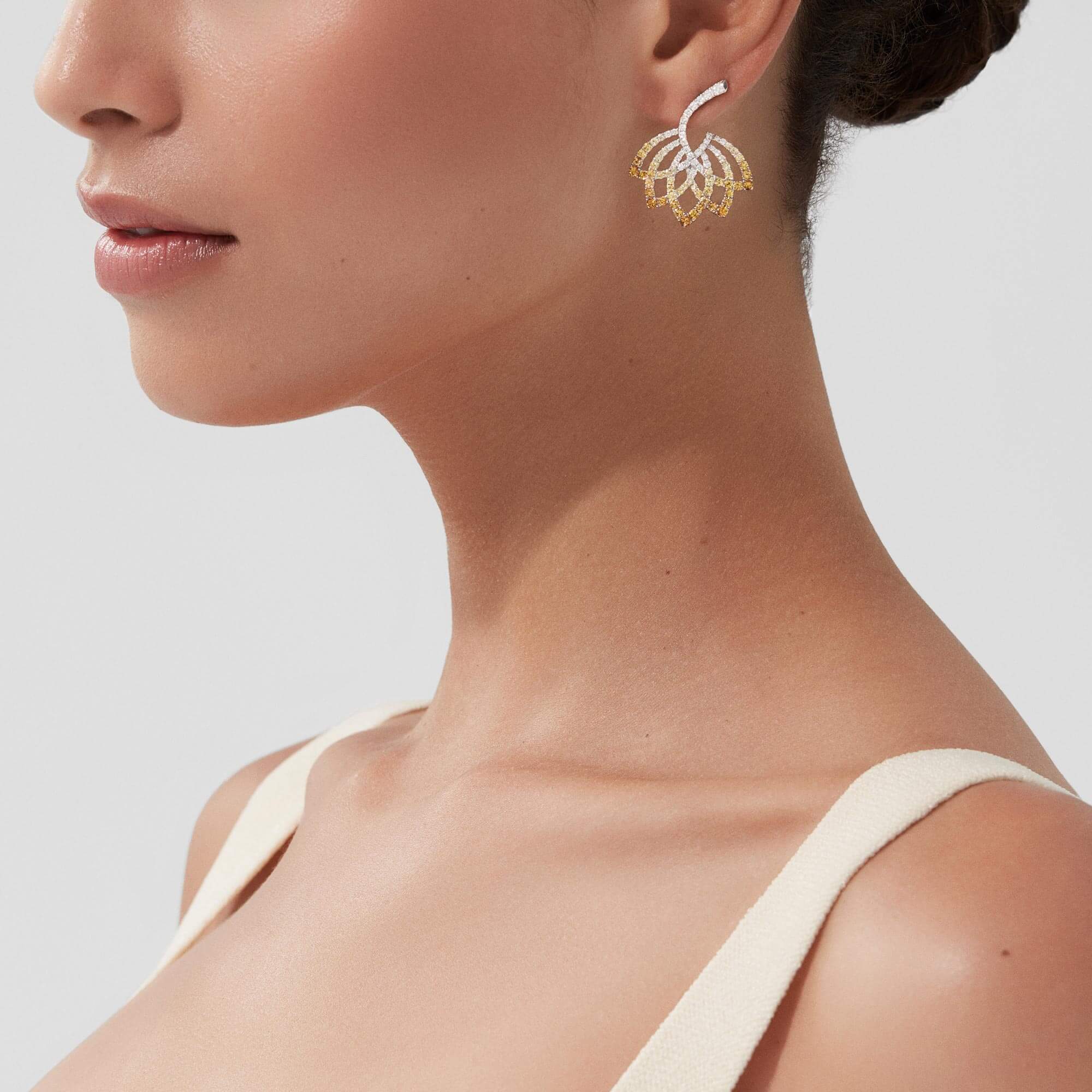 Lotus Flower Yellow Sapphire and Diamond Drop Earrings | In 18K White Gold - Image 2