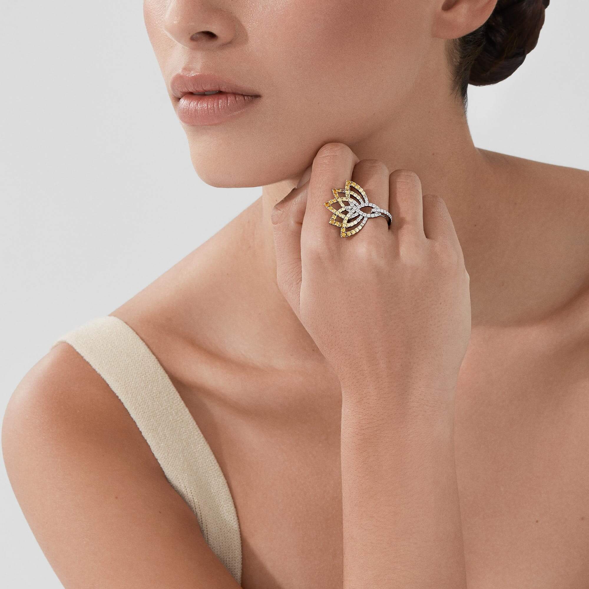 Lotus Flower Yellow Sapphire and Diamond Ring | In 18K White Gold - Image 2